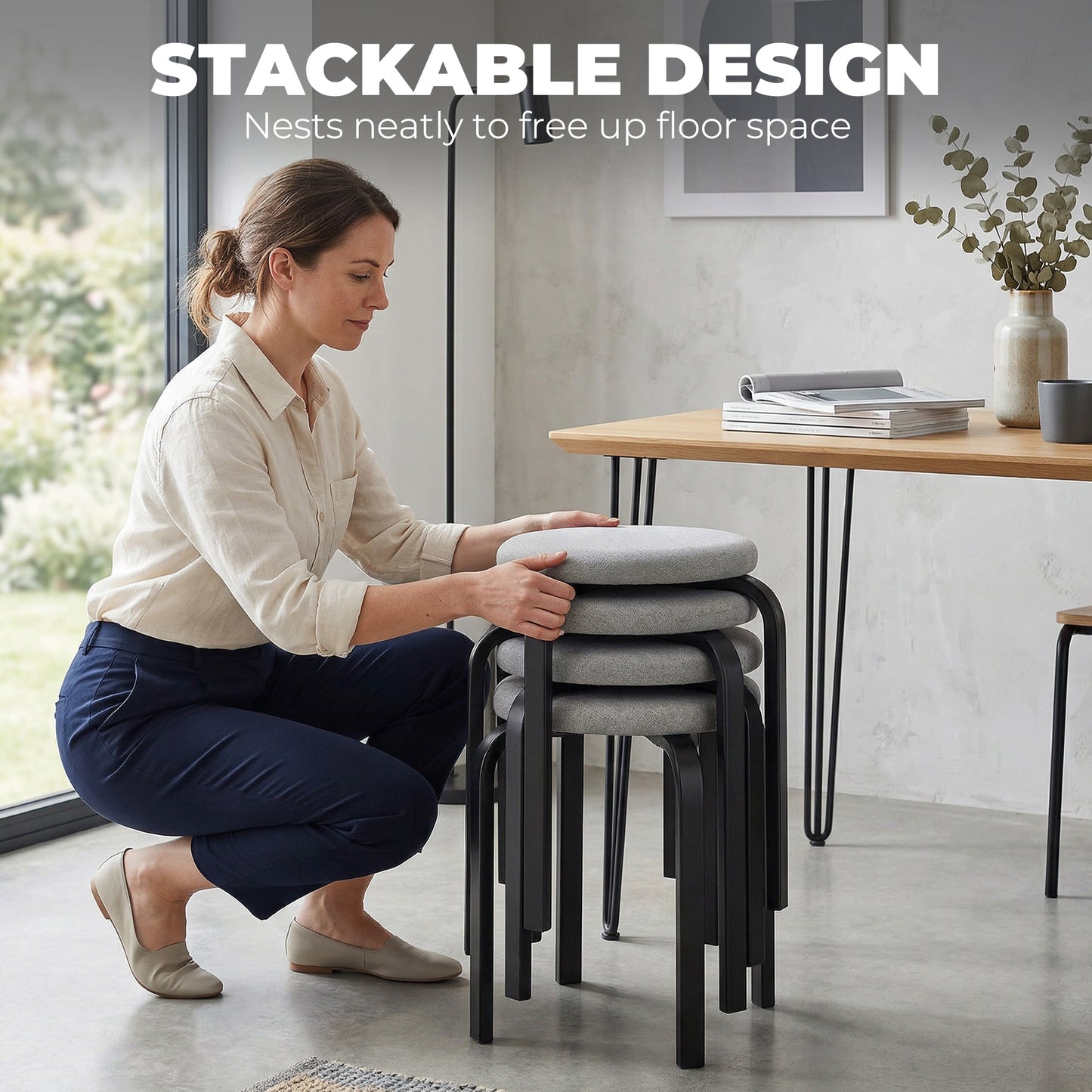 Stackable Stools Set of 4, Modern Cushioned Stacking Chairs, Round Backless Stools for Kitchen, Dining Room, Living Room, Grey