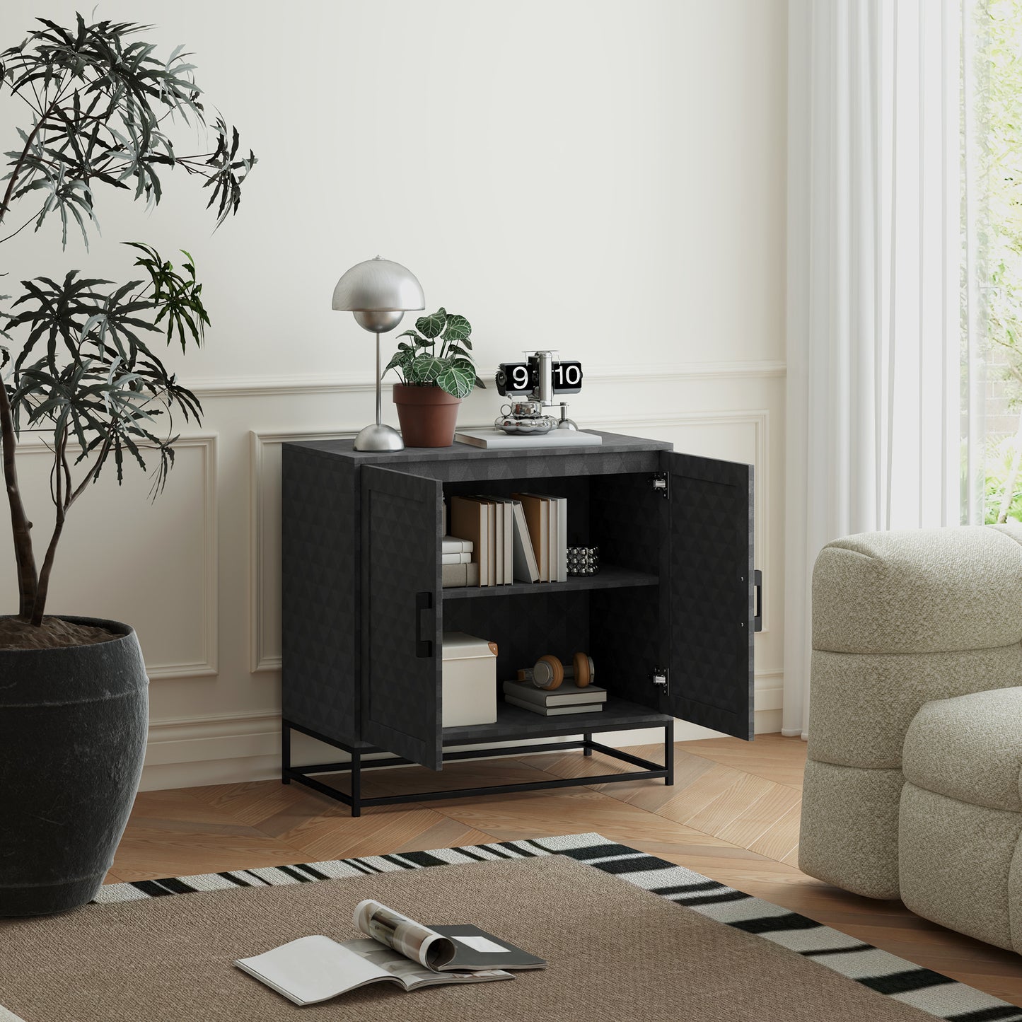 Modern Storage Cupboard with Adjustable Shelf and 2 Doors, Black