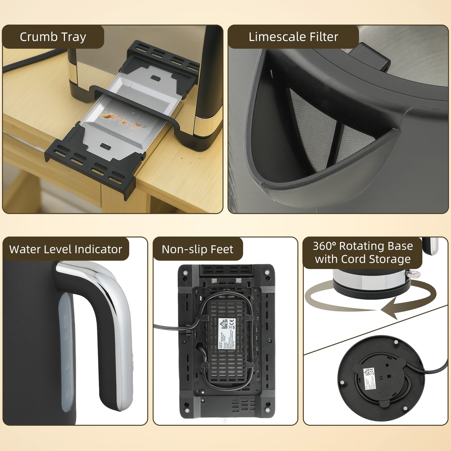 3000W Rapid Boil Kettle and Toaster Set with Otter Thermostat, Black