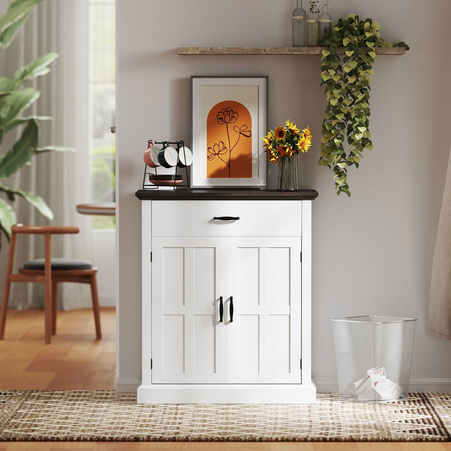 Sideboard Storage Cabinet with Thick Tabletop and 2 Barn Doors White