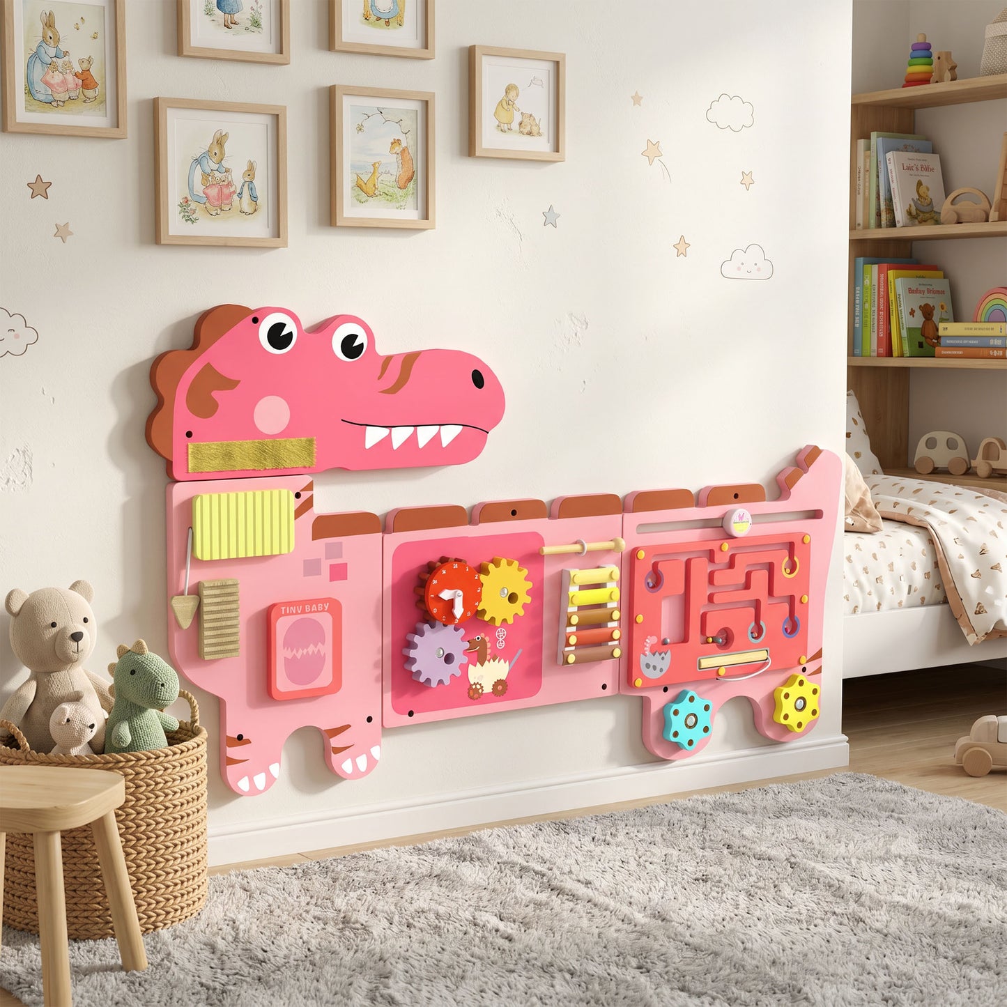 Busy Board Panels Wall Mounted Dinosaur, Pink