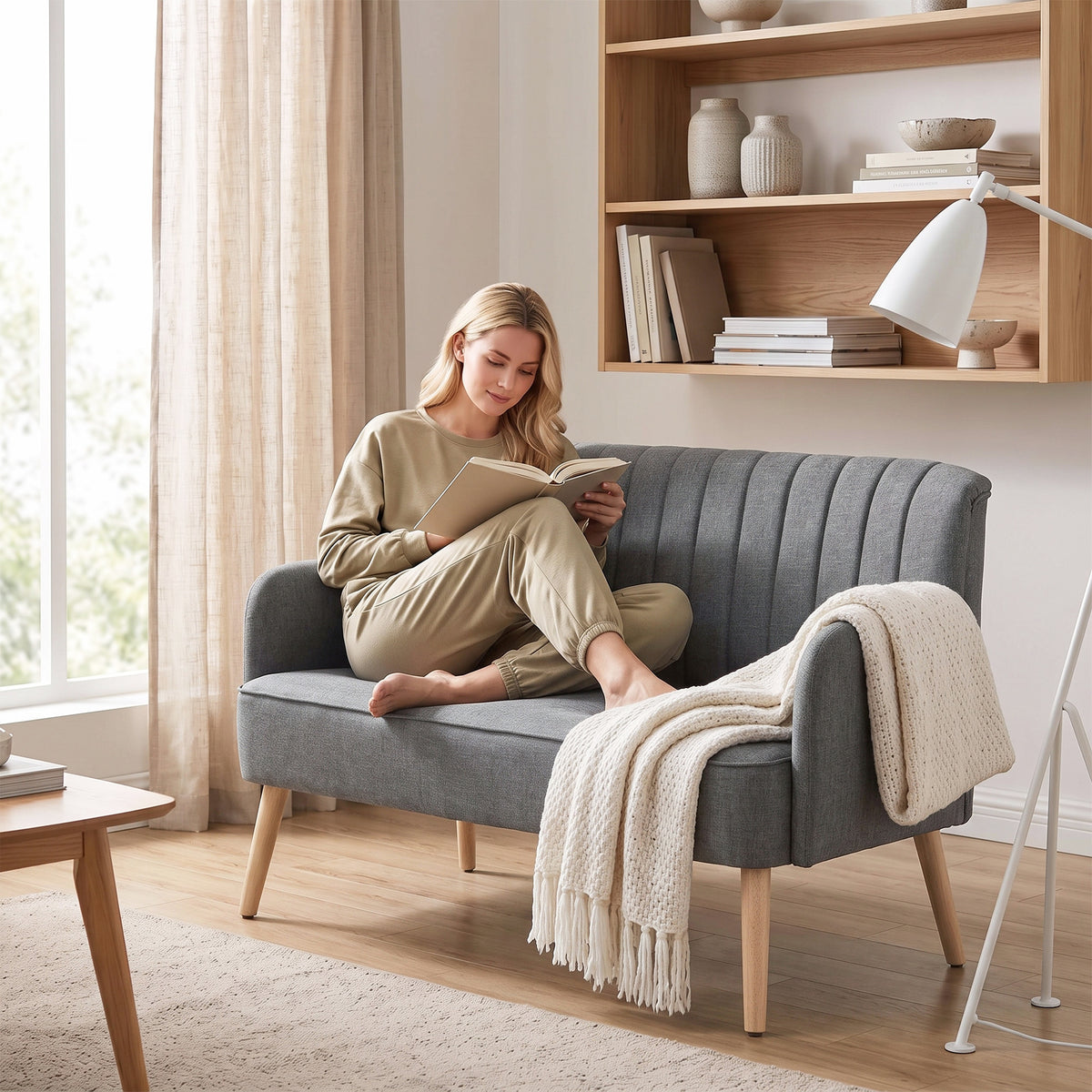 Compact 2-Seater Linen-Effect Sofa with Wooden Legs - Dark Grey