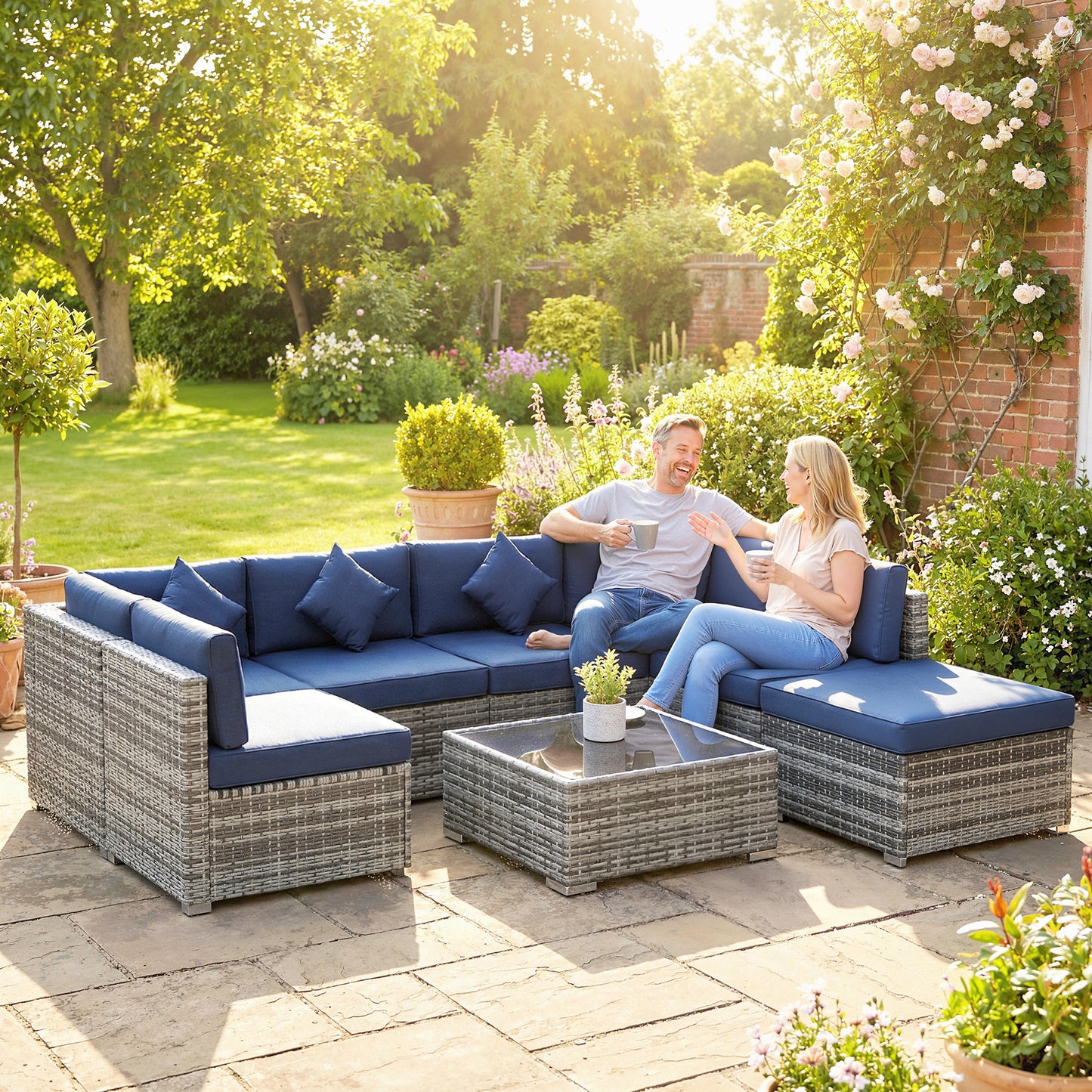 8 Pieces Patio Rattan Sofa Set, Garden Furniture Set Dark Blue
