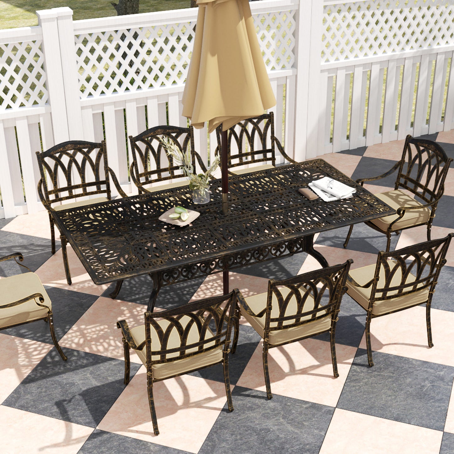 9 Pieces Cast Aluminium Garden Dining Set with Parasol Hole, Bronze