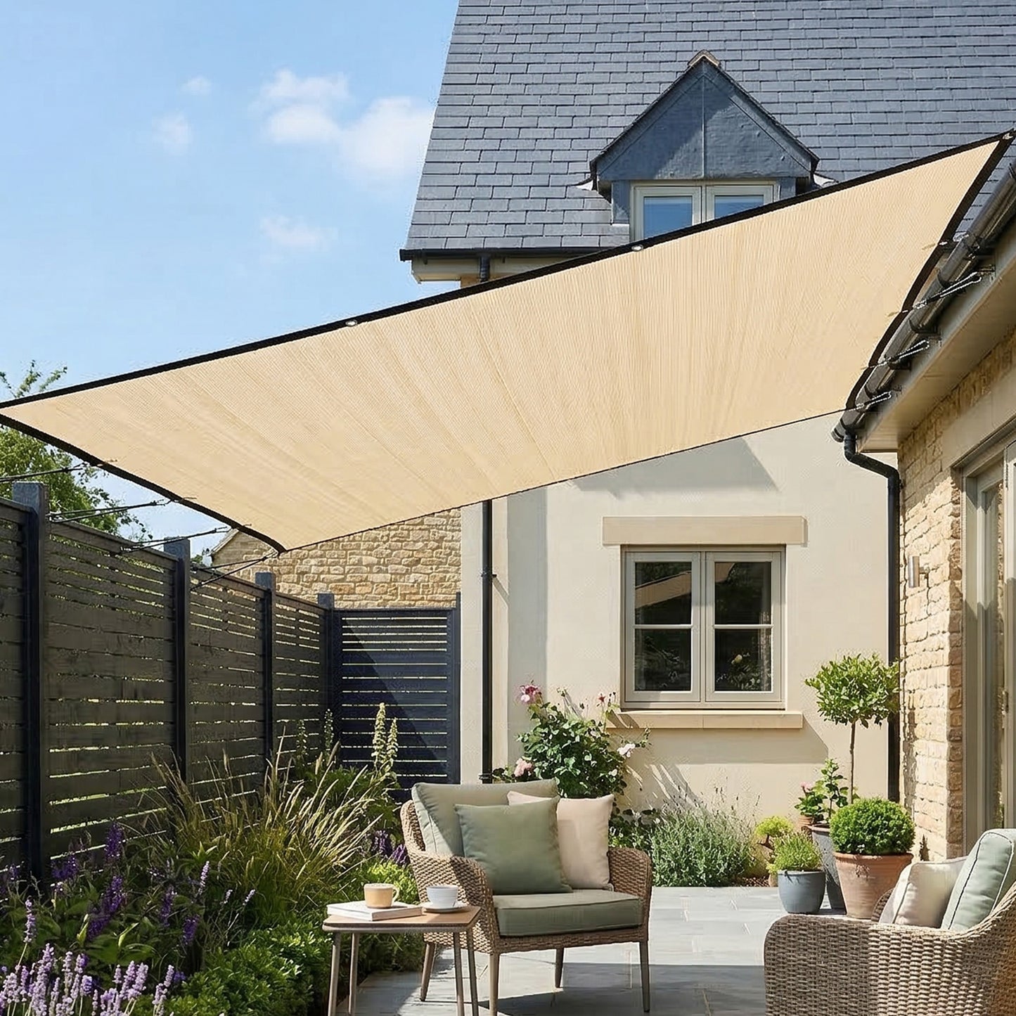 Sun Shade Sail, 3 x 3.6 m Rectangle Sunscreen Awning Canopy with Stainless Steel Eyelets and Bungee Cords, UV Protection Shade Sail for Outdoors, Garden, Patio, Beige