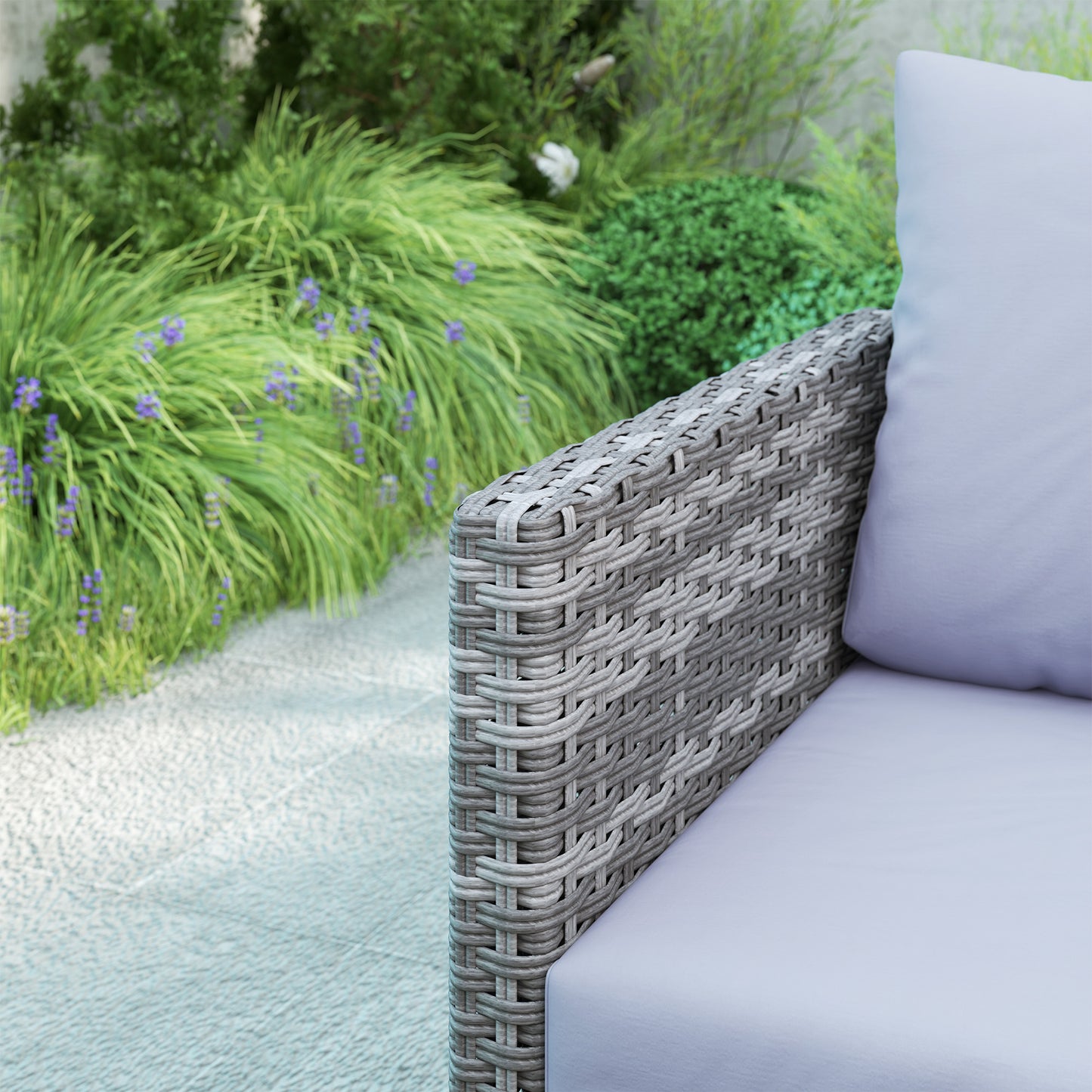 Sectional Outdoor Furniture with Glass Top Table, Light Grey