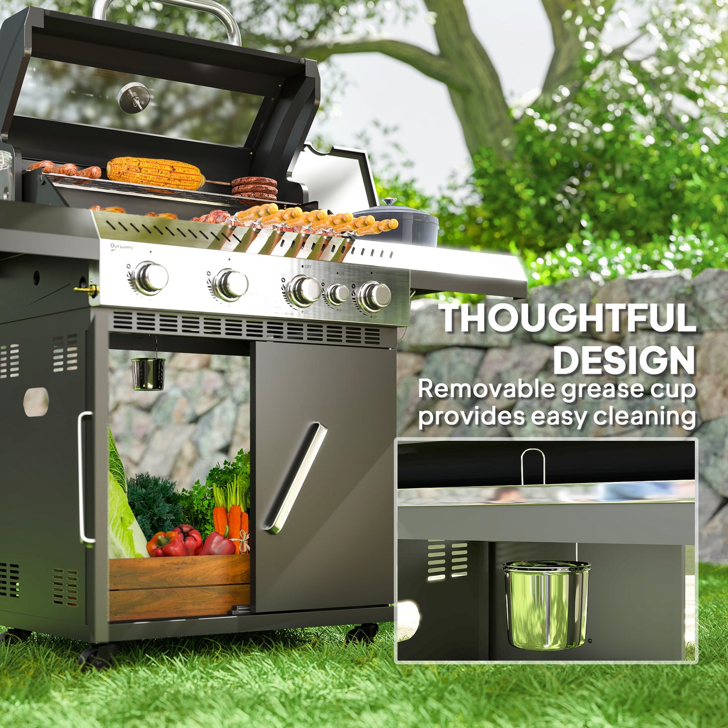 4+1 Burner Gas BBQ Grill with Clear View Lid, Thermometer, Black