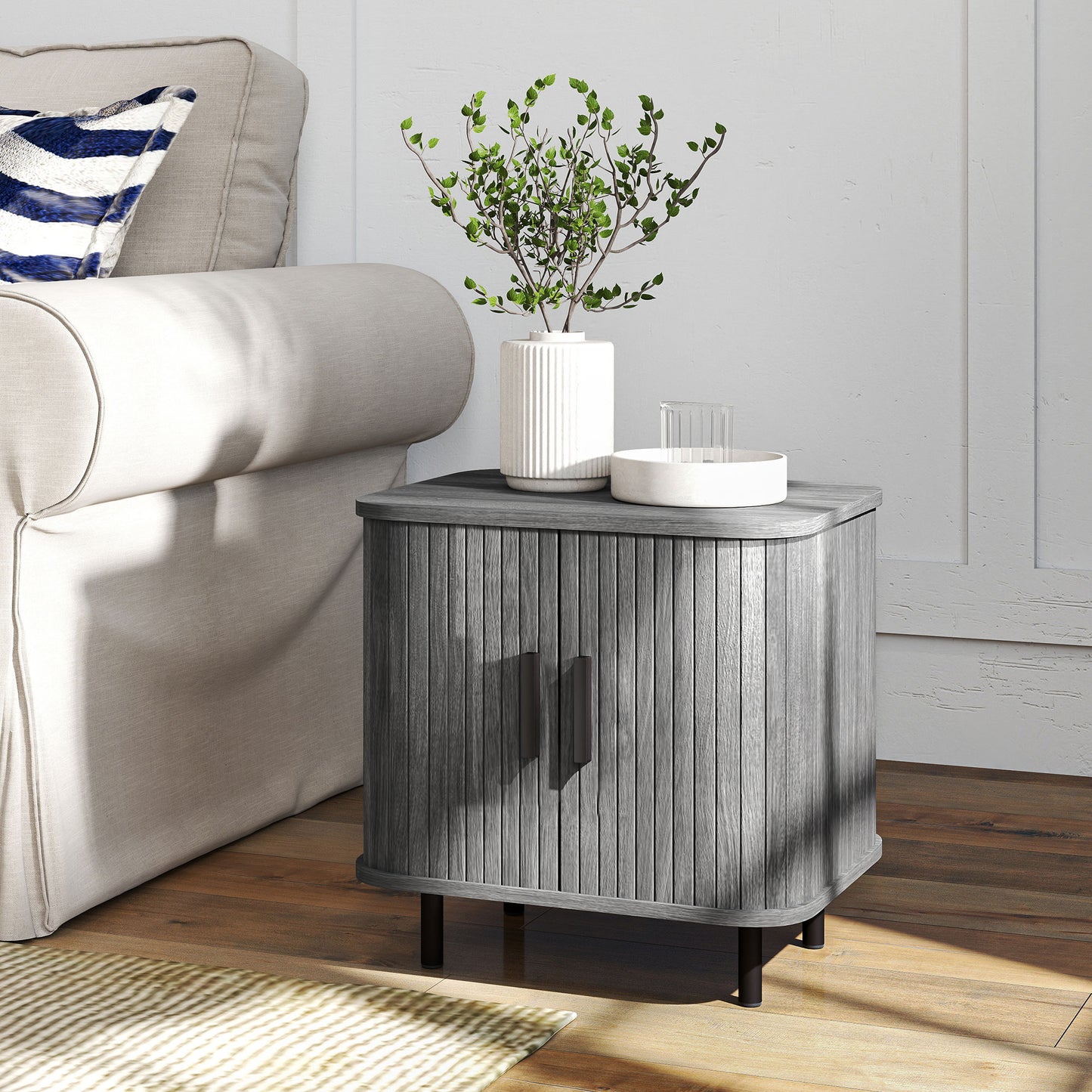 Nightstand with Sliding Doors and Metal Legs for Bedroom Grey