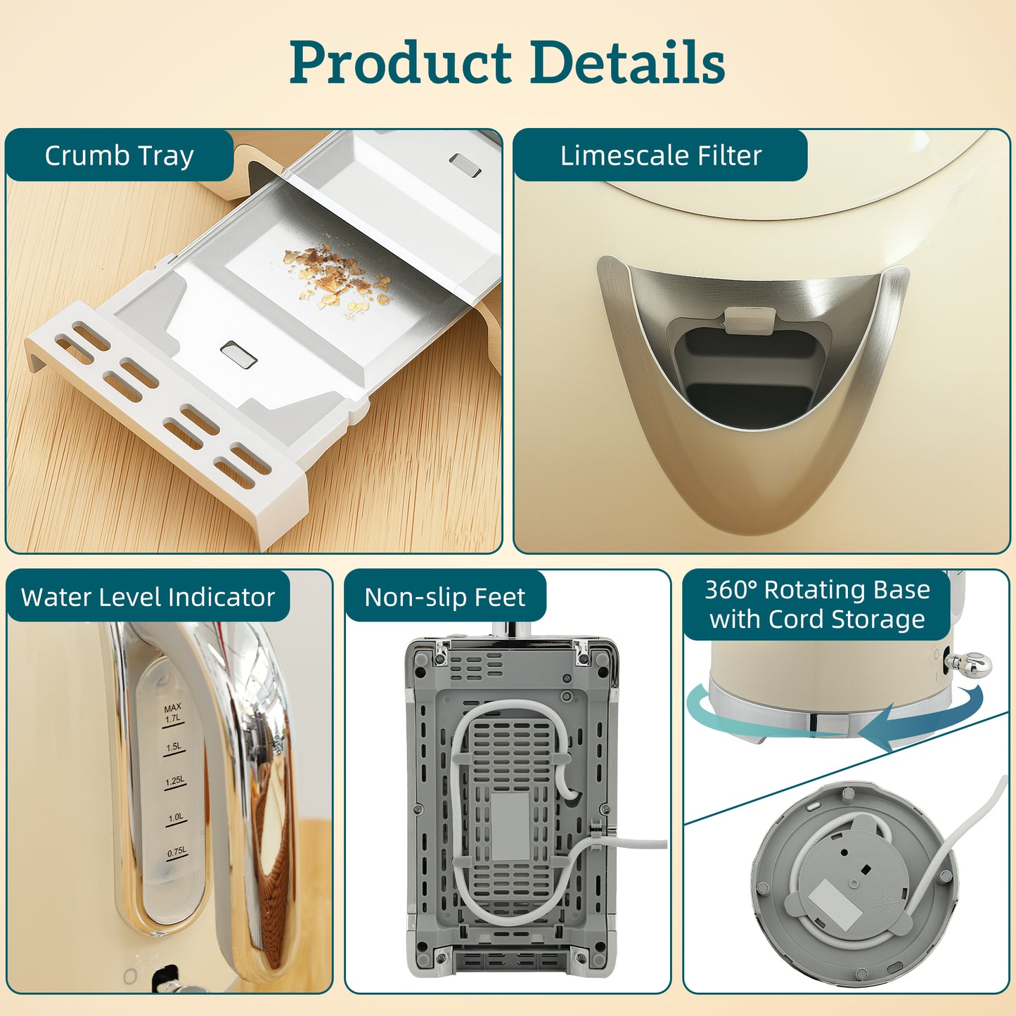 Kettle and Toaster Set with Temperature Gauge, Crumb Tray, Cream