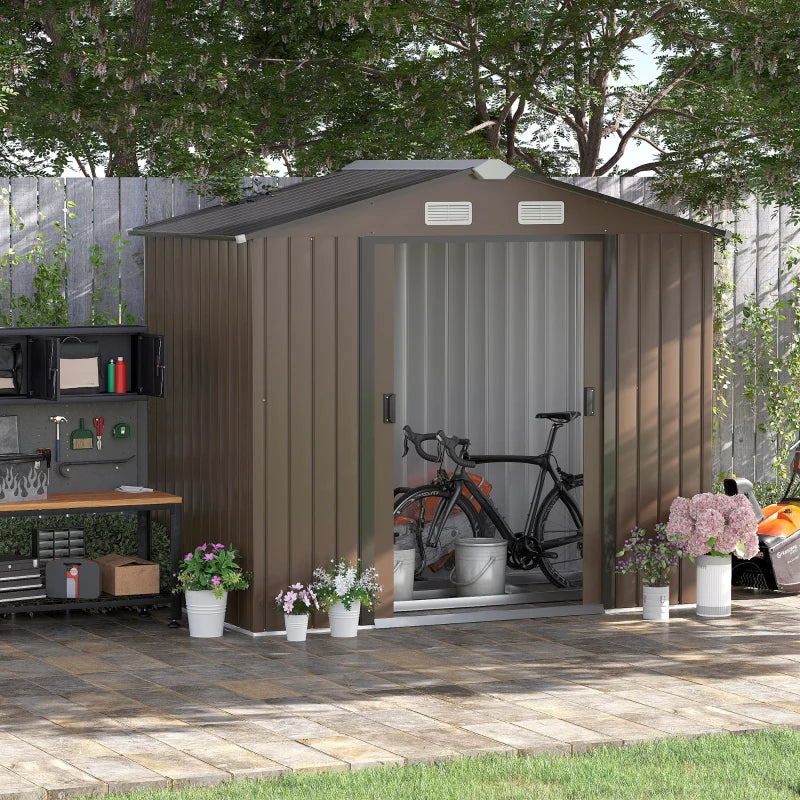 7 x 4ft Garden Metal Storage Shed with Ventilation Slots, Floor Foundation and Lockable Double Doors, Brown
