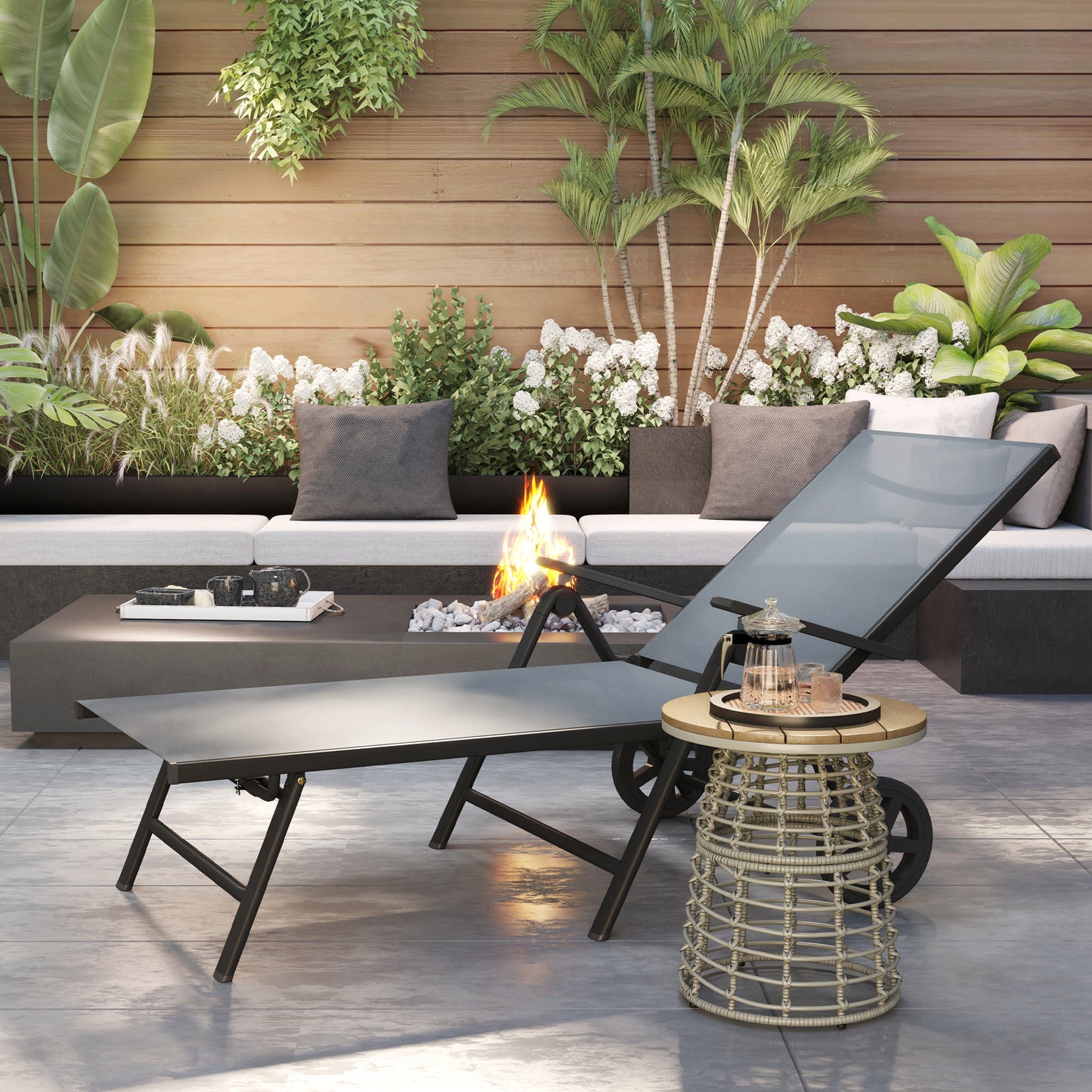 Folding Sun Lounger w/ Wheels, 5-Position Adjustable Lounge, Grey