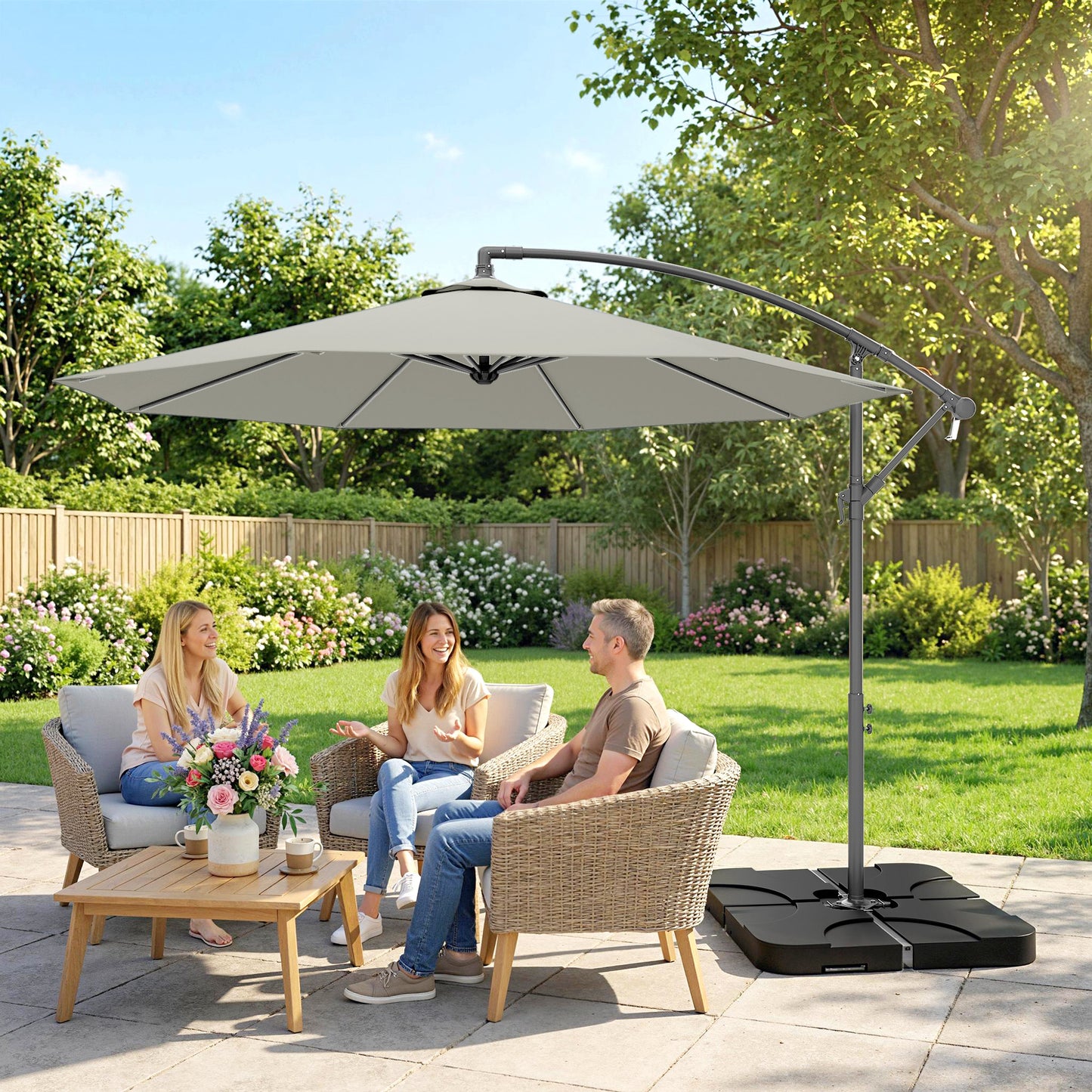 3(m) Banana Parasol Cantilever Umbrella Garden w/ Base Weights - Light Grey