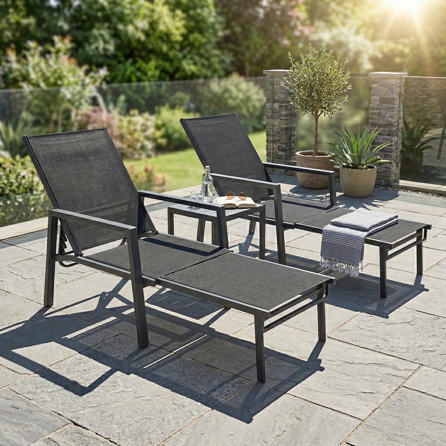 Sun Loungers Set of 2 w/ Retractable Footrest 5-Position Adjustable