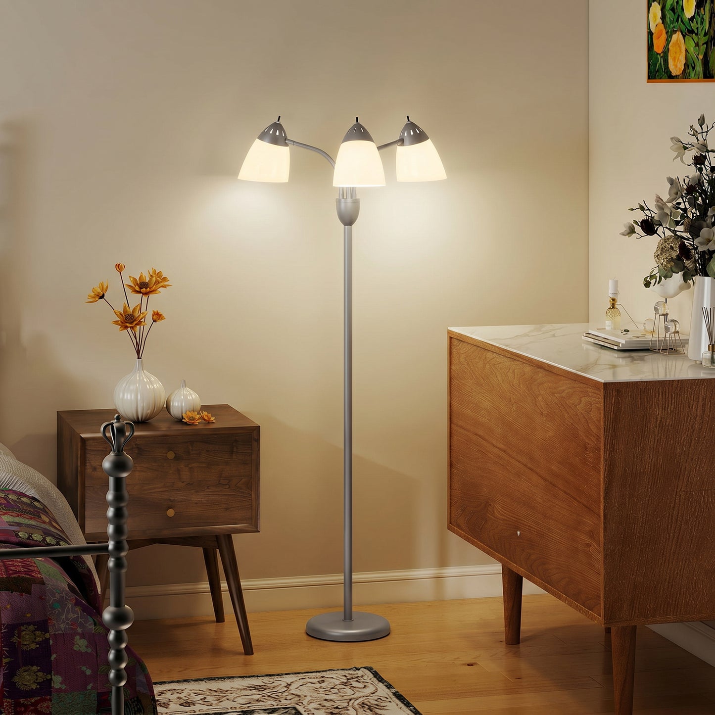 Arc Tree Floor Lamp with 3 Adjustable Rotating Lights, Industrial Standing Lamp with Steel Frame for Bedroom Living Room, 155cm, Silver Tone