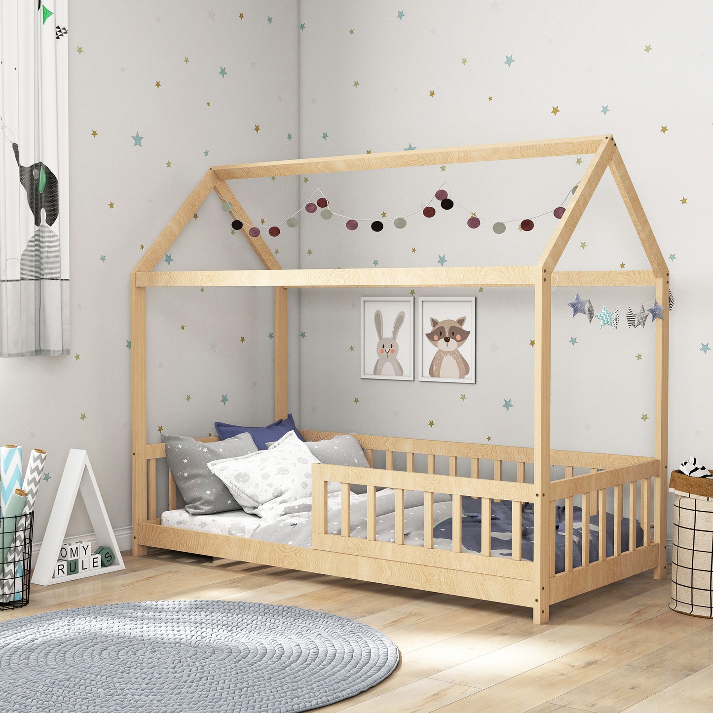 House-Shaped Kids Bed Frame Solid Pine Wood with Guard Rails, Natural