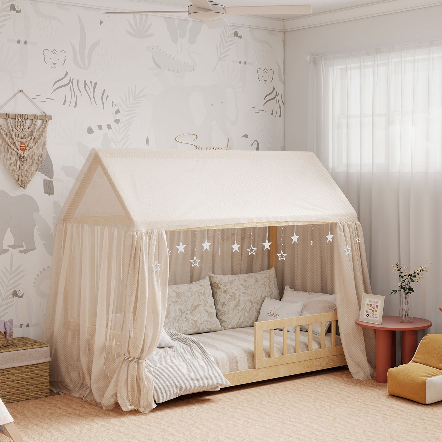 House-Shaped Kids Bed Frame Solid Pine Wood with Guard Rails, Natural