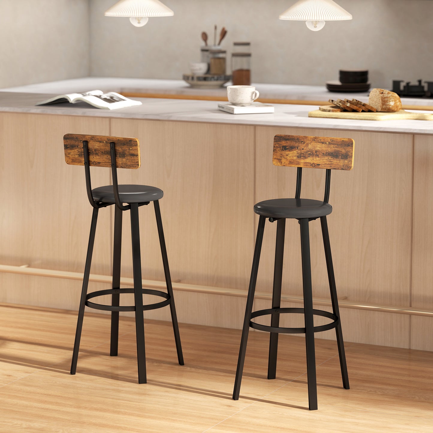 Barstools Set of 2 with Padded Seat Backrest Rustic Brown Black