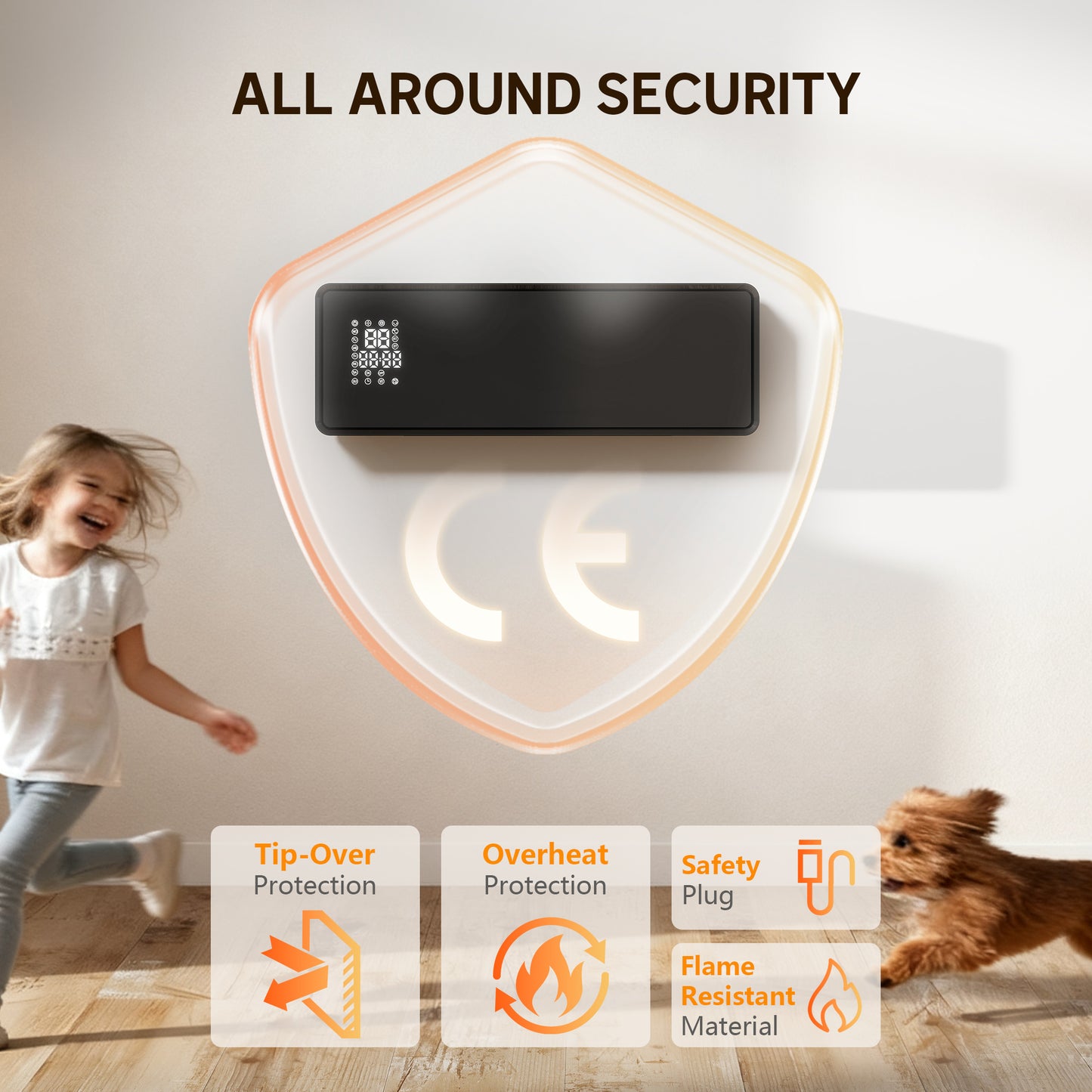 2000W Ceramic Electric Heater with Fan, Wall Mounted, Black