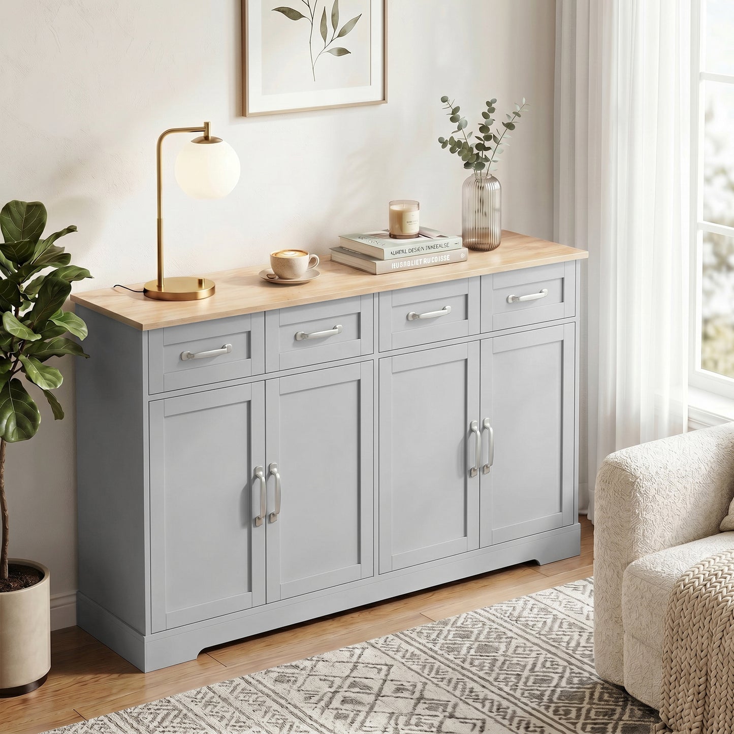 Sideboard with 4 Drawers, 4 Doors and 2 Adjustable Shelves, Grey