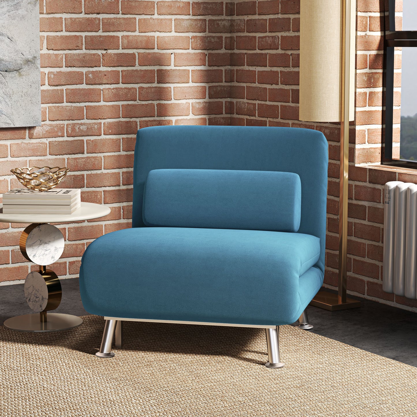 Single Sofa Bed, 1 Person Sleeper Foldable Lounge with Pillow, Blue