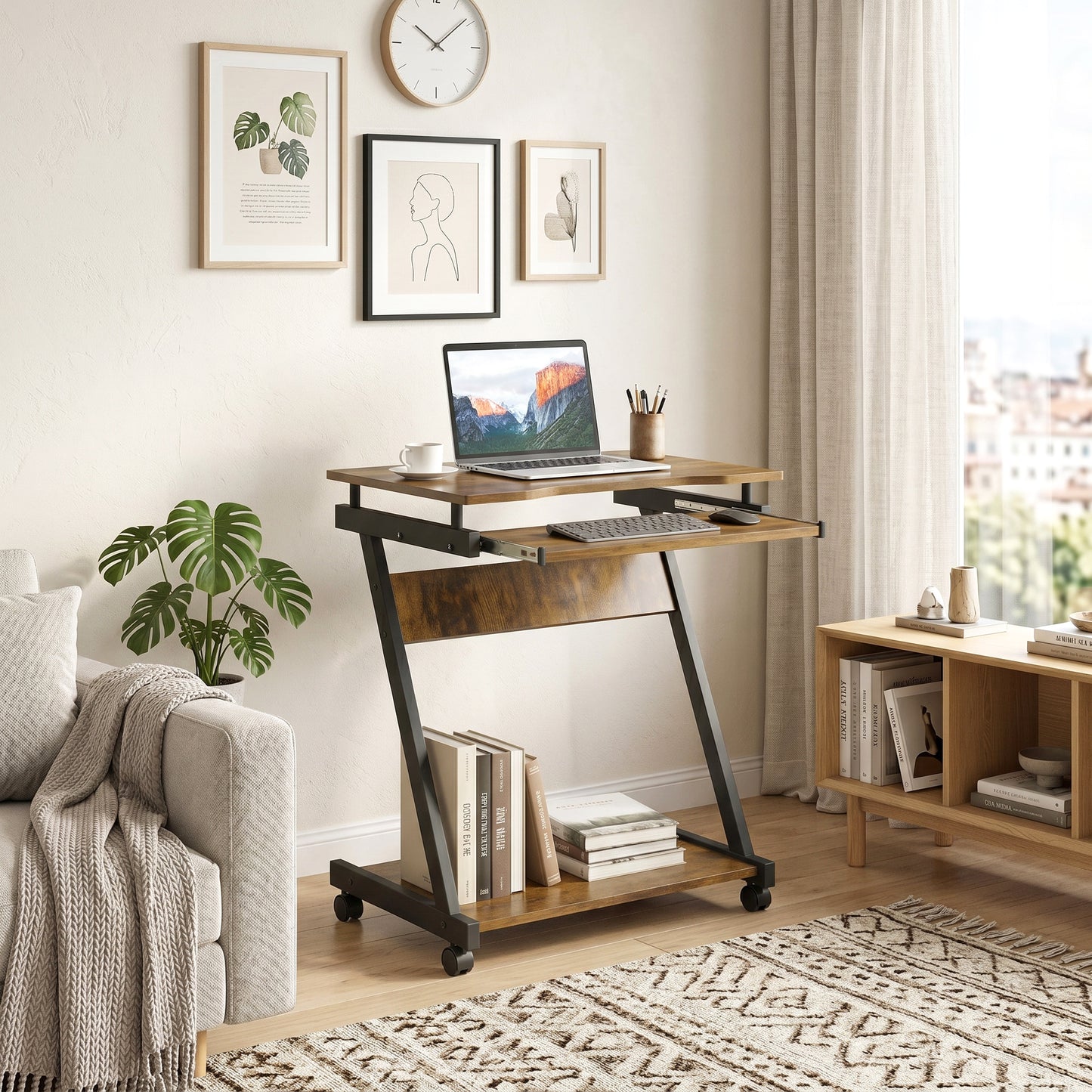 Mobile Computer Desk, Z-Shaped Writing Desk, PC Table for Small Spaces, Workstation with 4 Wheels & Sliding Keyboard for Home Office, Easy Assembly, Rustic Brown