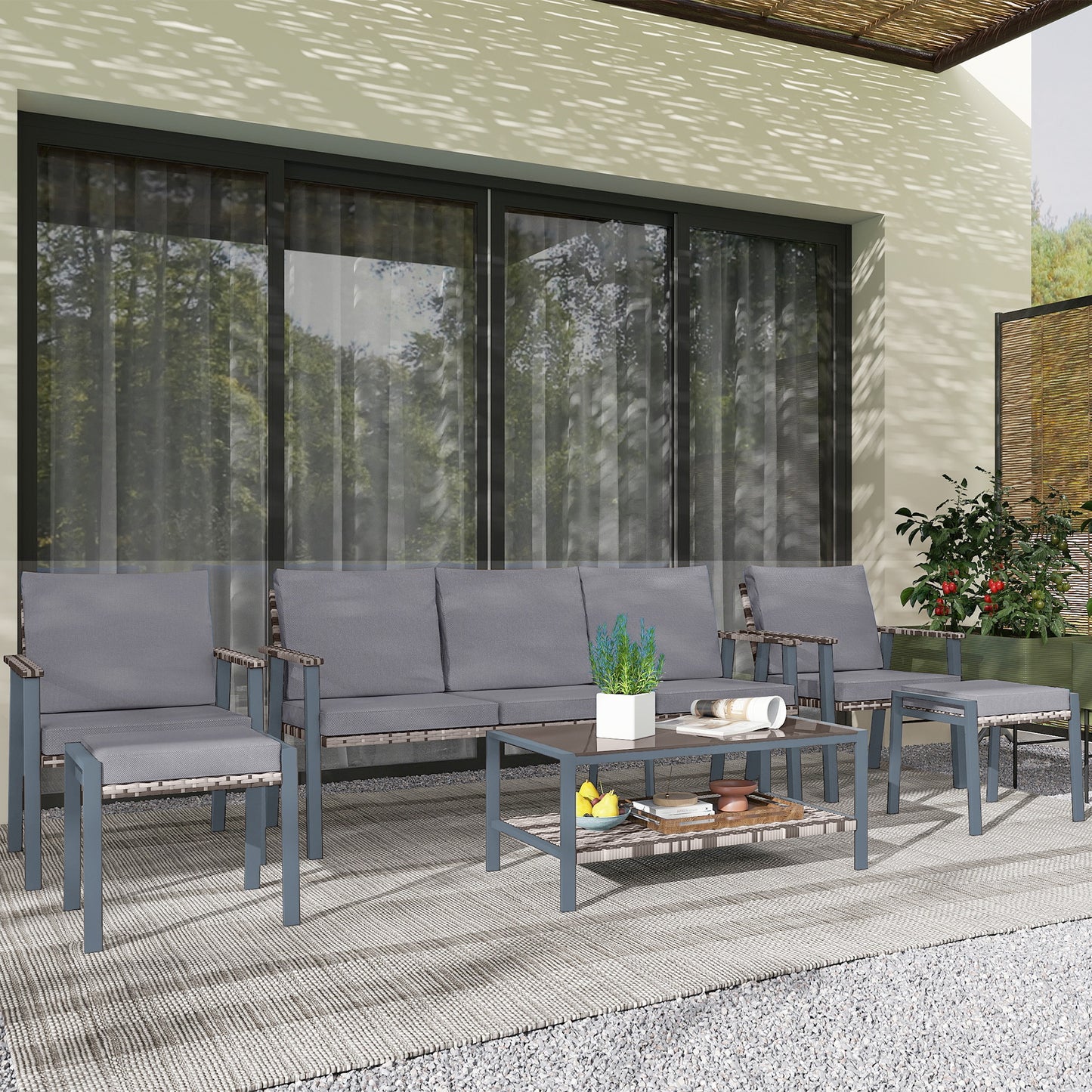 7 Seater Rattan Garden Furniture Set with Glass Coffee Table Grey
