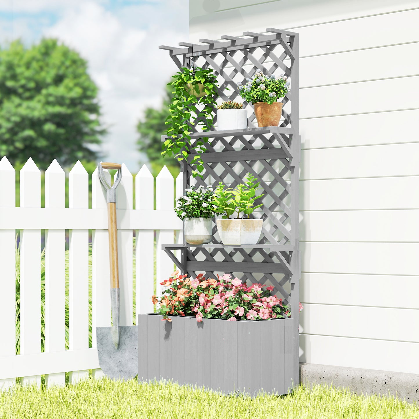 Wooden Raised Planter with Trellis and 2 Shelves, Grey