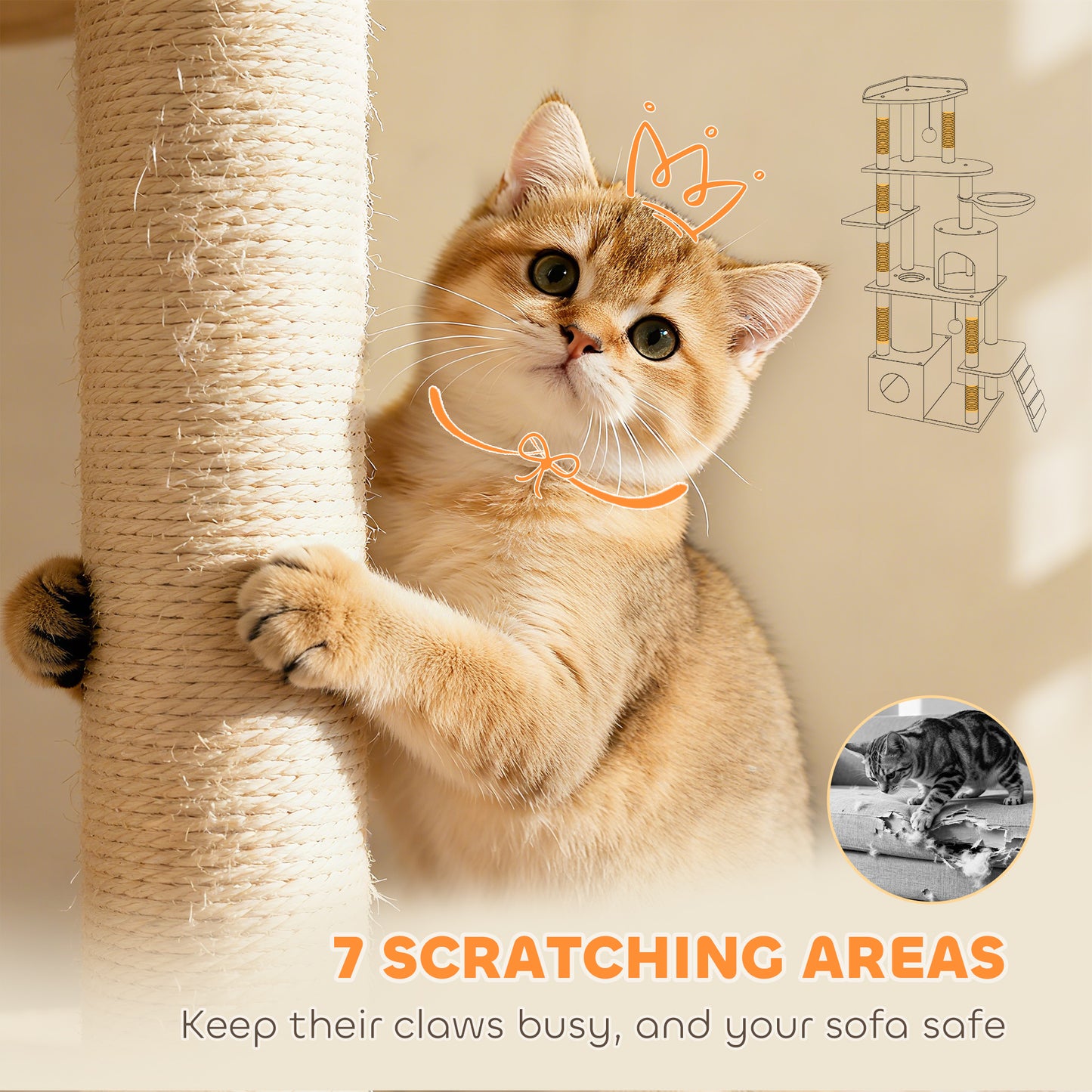 Cat Tree, 170 cm Large Cat Tower with 7 Scratching Posts, 1 Tunnel, 2 Condos, 1 Hammock, 1 Perch, 1 Ramp, 4 Platforms, 2 Pompoms, Multi-Level Kitty House for Indoor Kittens, Beige