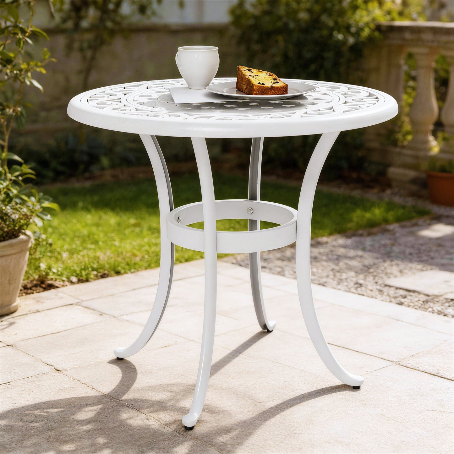 60cm Round Garden Table with Cast Aluminium Frame, White