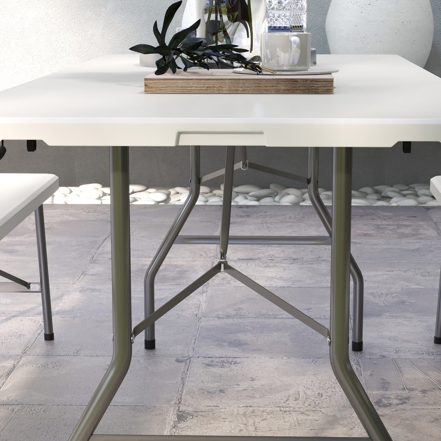Folding Garden Table, Patio Table with Metal Frame, White
