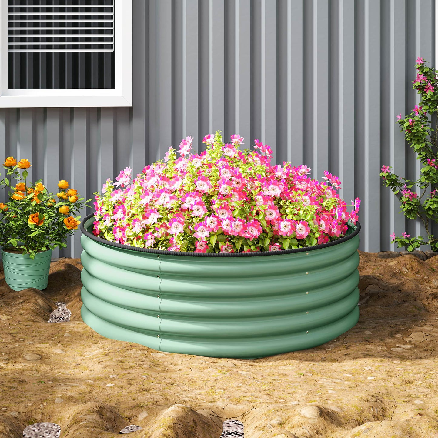 Galvanised Planter with Gloves, 120 x 120 x 43cm, Light Green