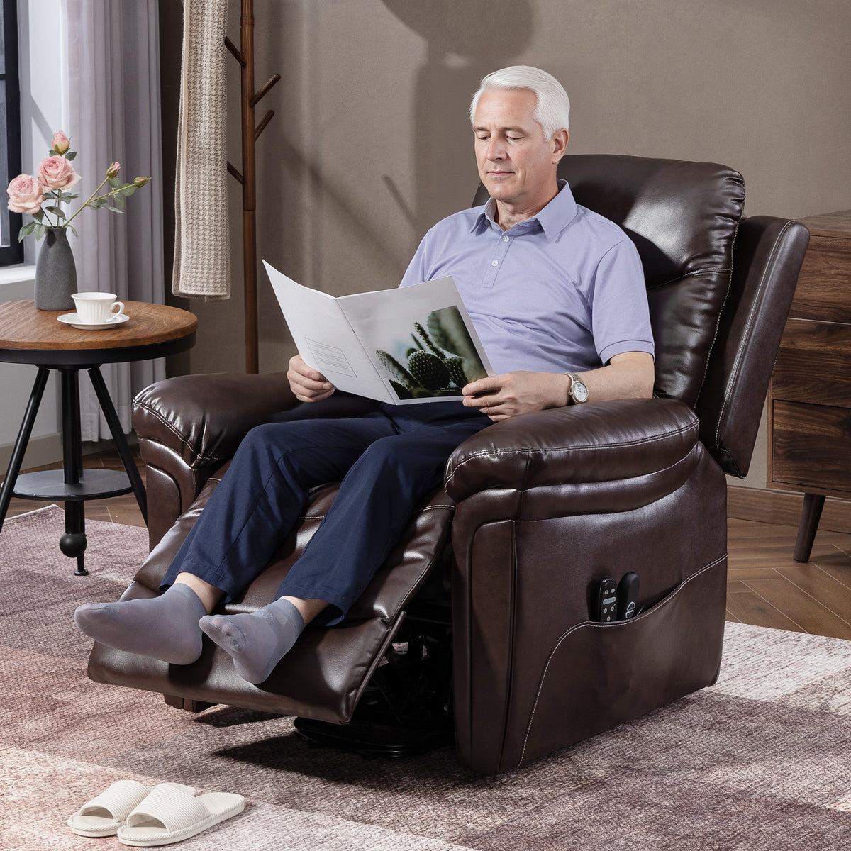 Heated Faux Leather Electric Riser Recliner Chair with 8-Point Massage, USB Port and Side Pockets - Brown