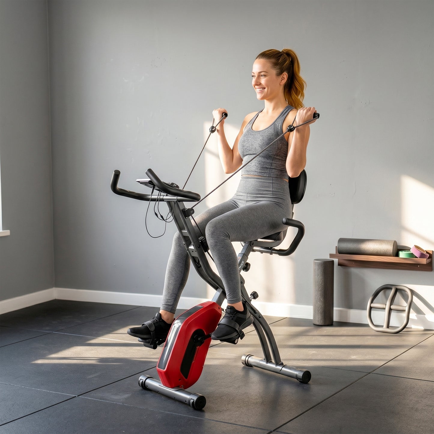 3-In-1 Folding Exercise Bike with Resistance Bands, Indoor Stationary Bike with Bluetooth App, Quiet 8-Level Magnetic Resistance, LCD Display, Pulse Sensor, Adjustable Seat, Wheels, Red