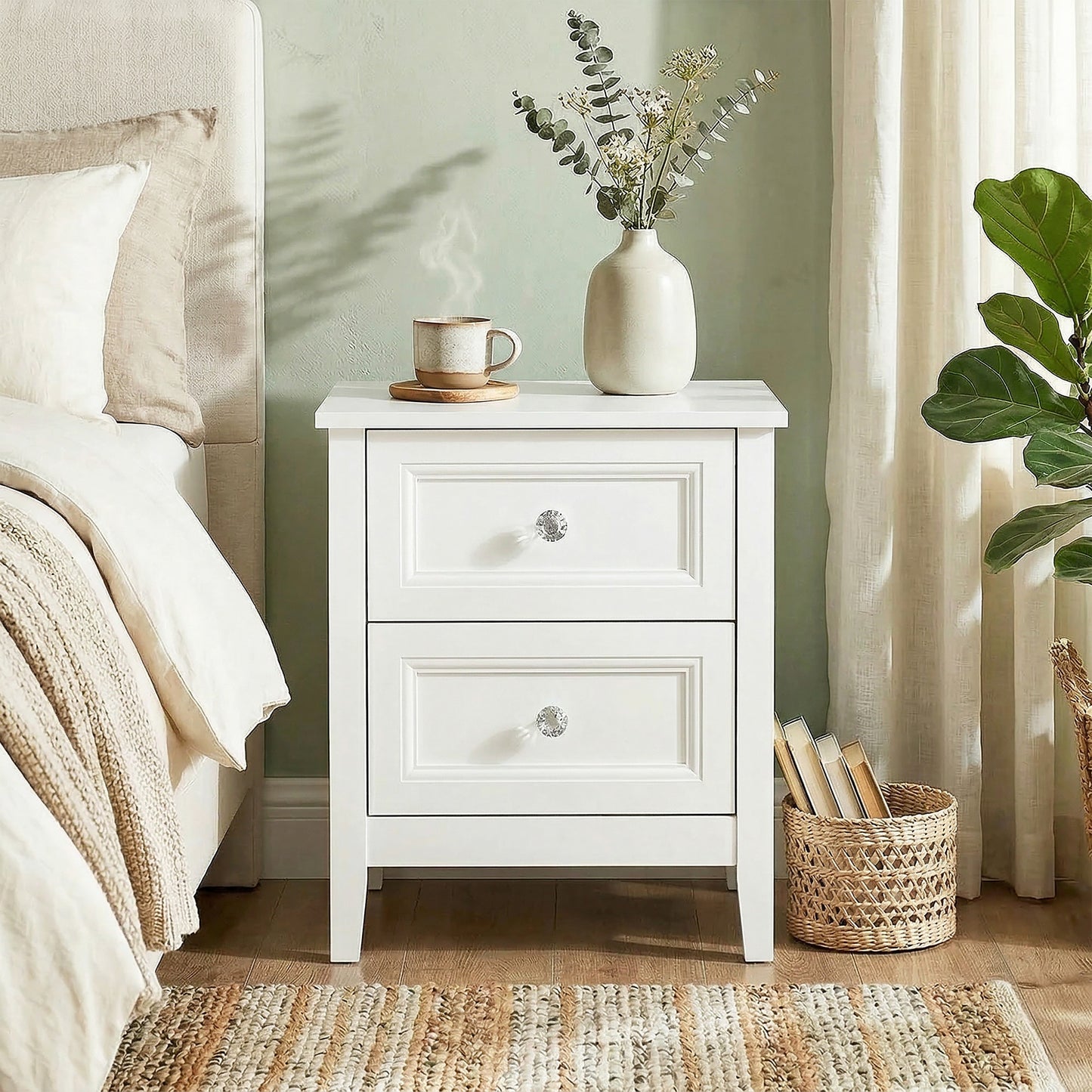 Modern Bedside Table with 2 Drawers, Side Table with Smooth Slides, Bedside Cabinet for Bedroom, Living Room, White