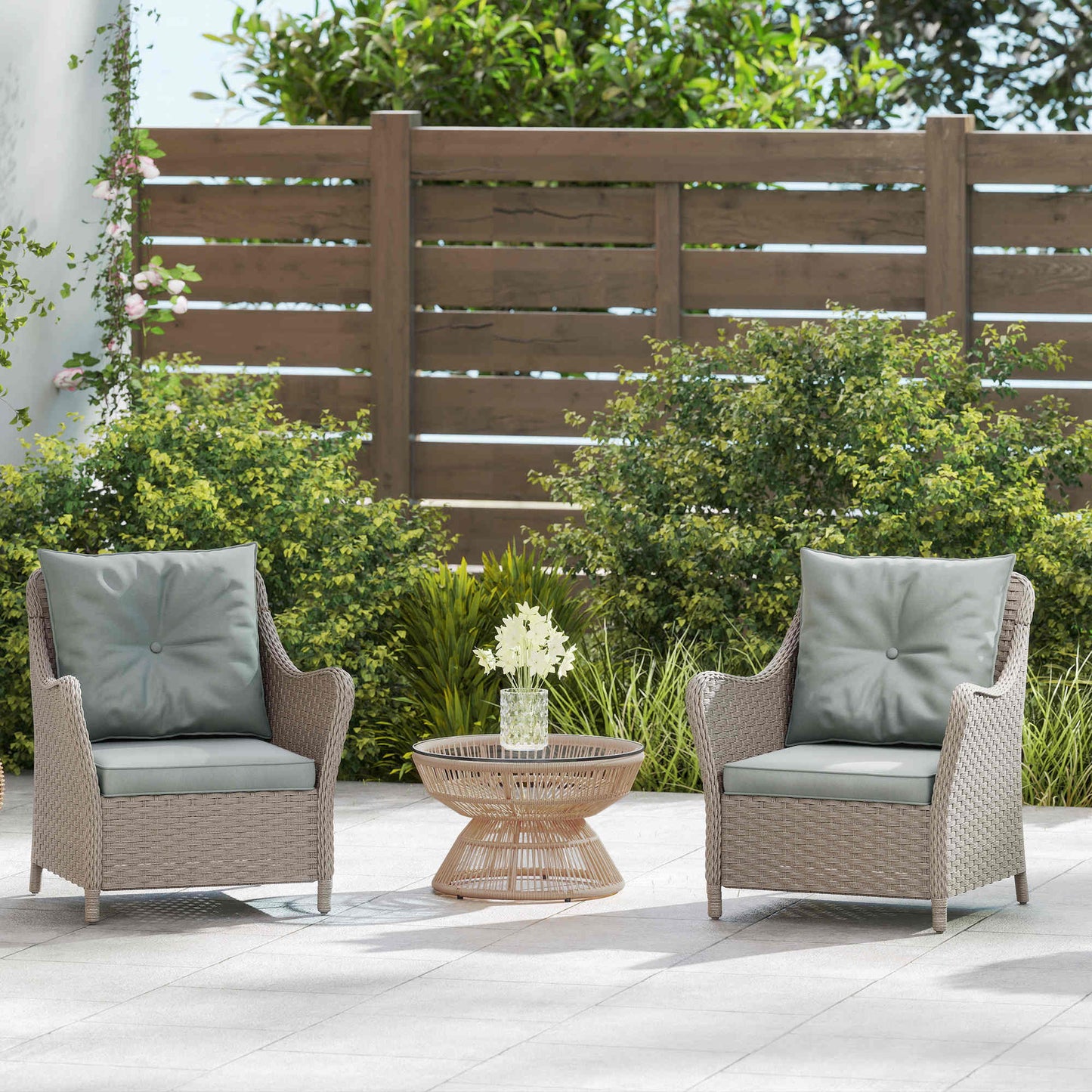 2 Pieces Rattan Garden Chairs, Cushioned Rattan Chairs, Light Grey