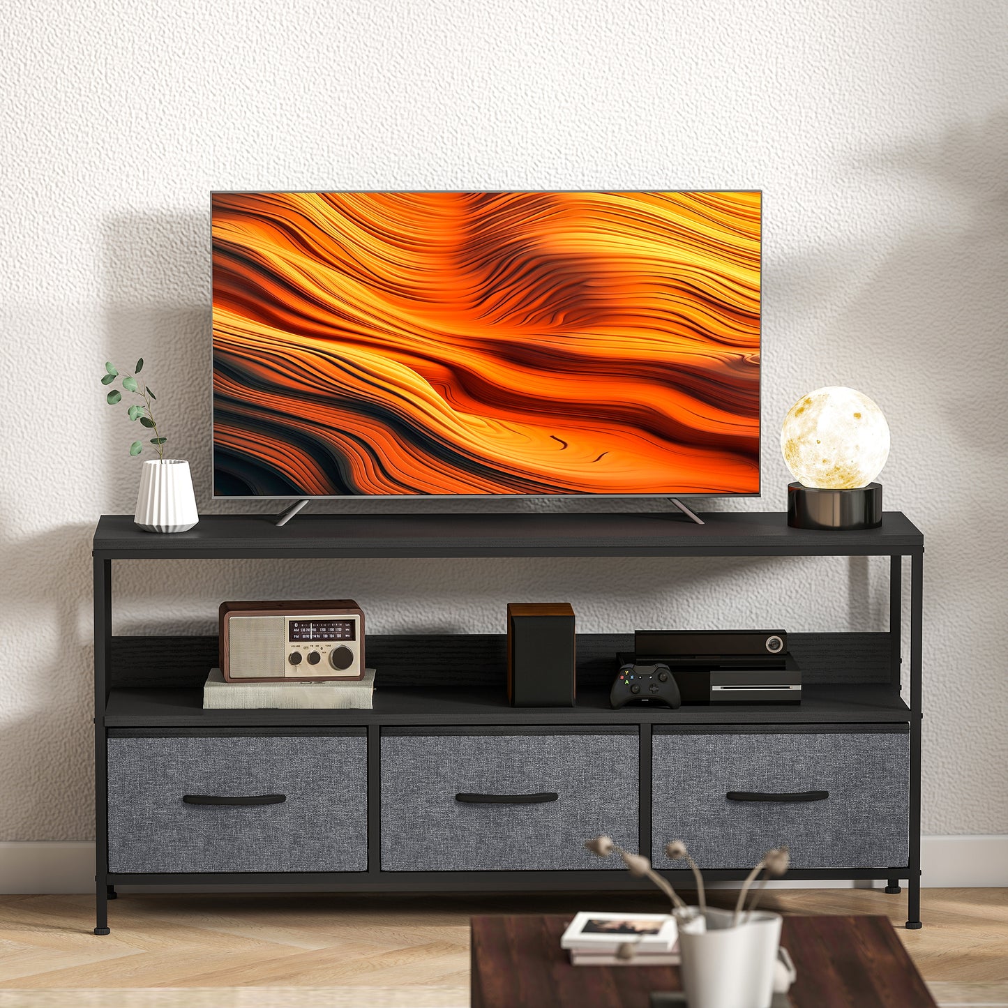 TV Cabinet, TV Console Unit with 3 Foldable Linen Drawers Black