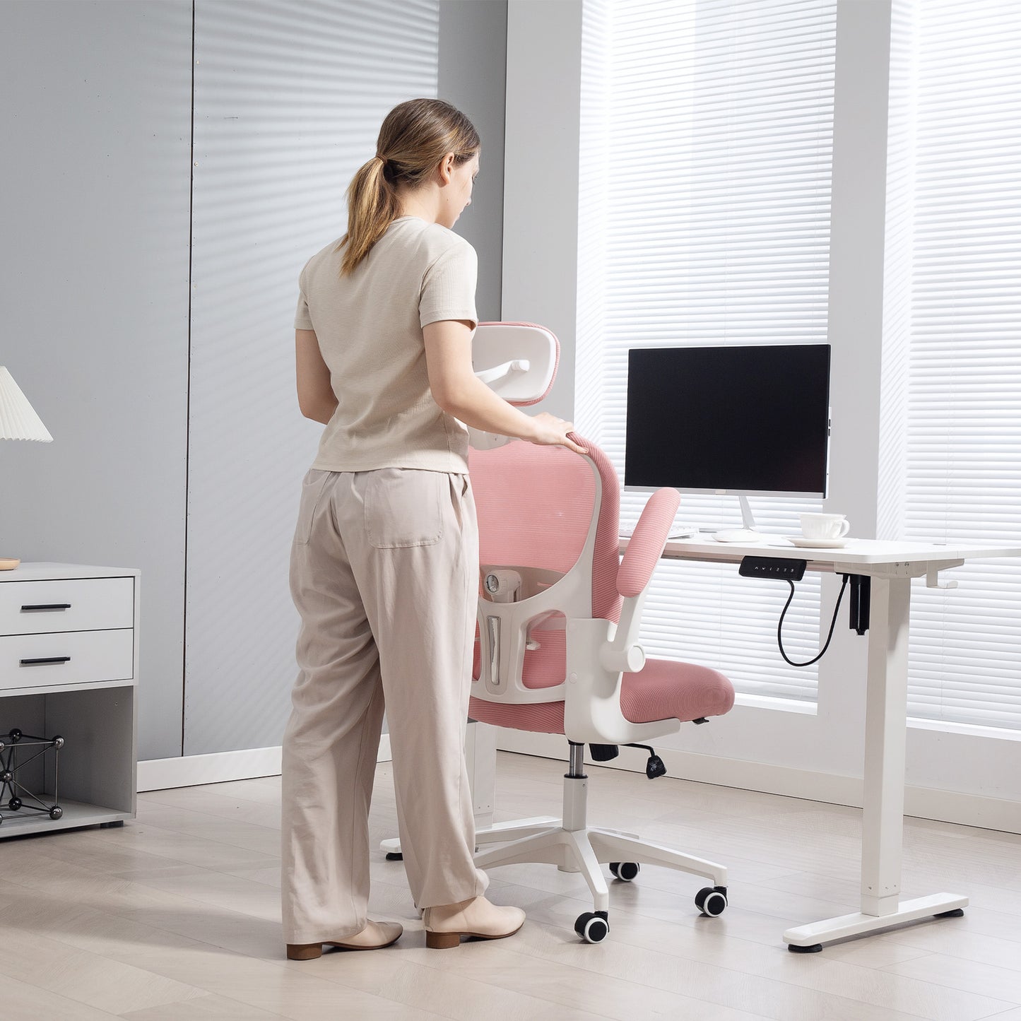 Mesh Chair with Headrest, 4D Lumbar Support, Flip-up Arm, Pink