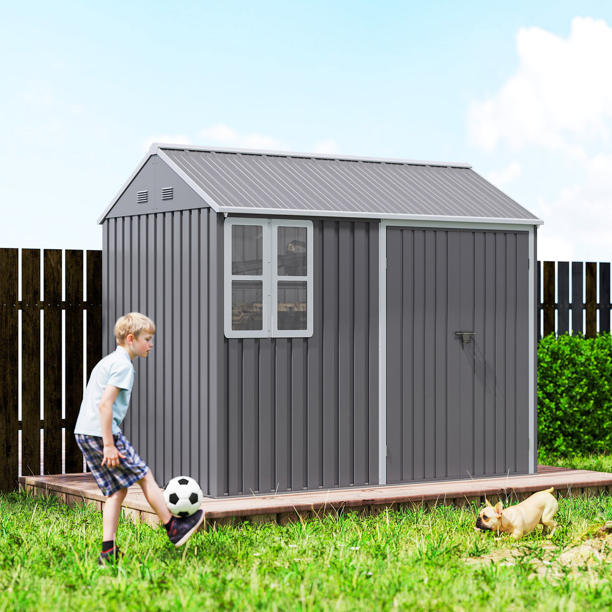 8x6ft Metal Garden Shed Outdoor Storage Shed w/ Doors Window, Grey