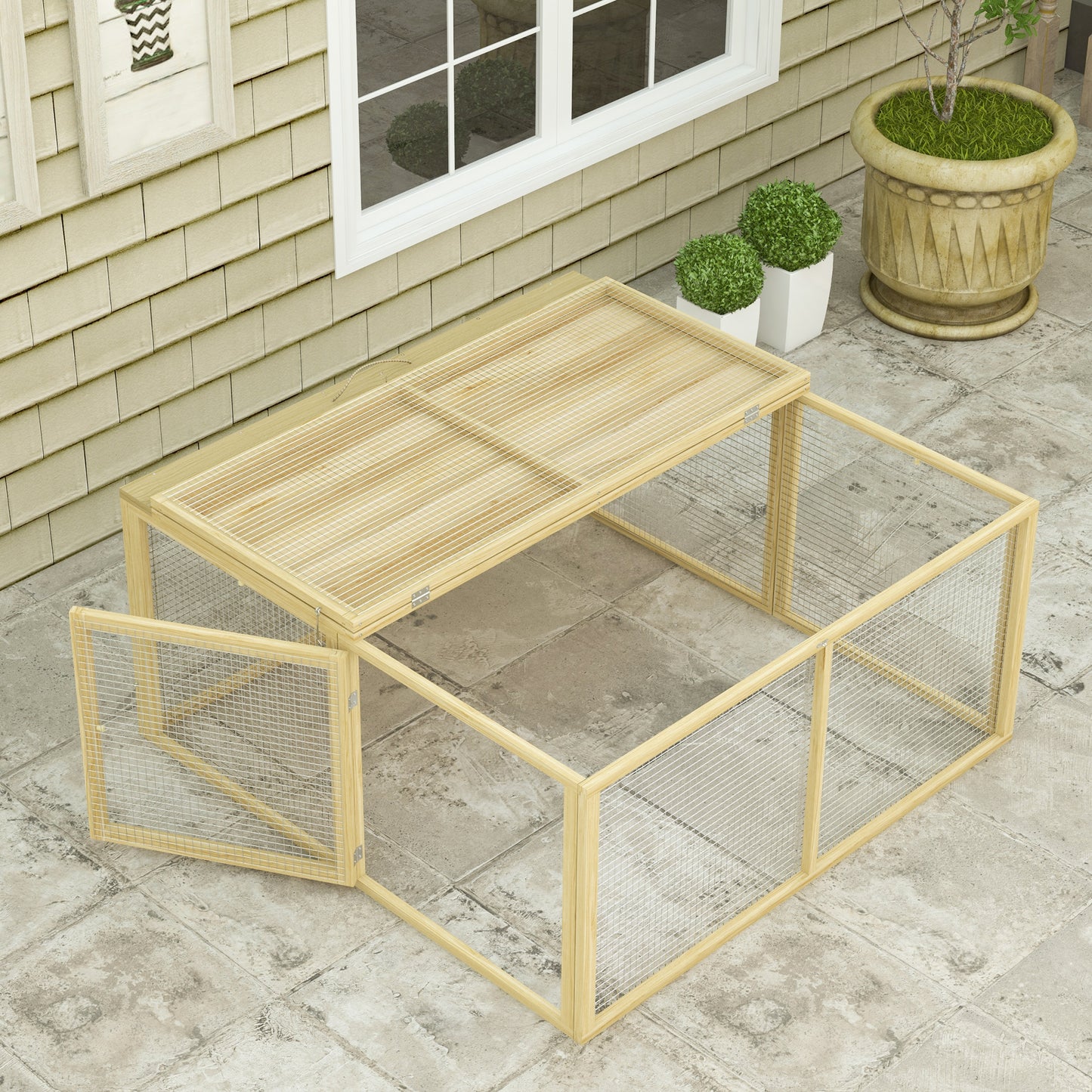 Rabbit Hutch, Folding Wooden Rabbit Run with Openable Top, Natural