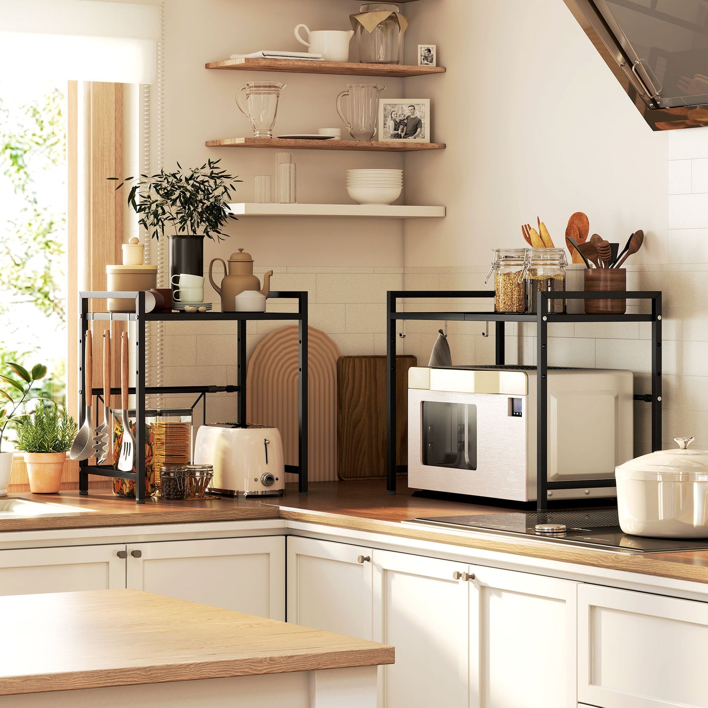 2-Tier Expandable Microwave Oven Rack with 3 Hooks, Black