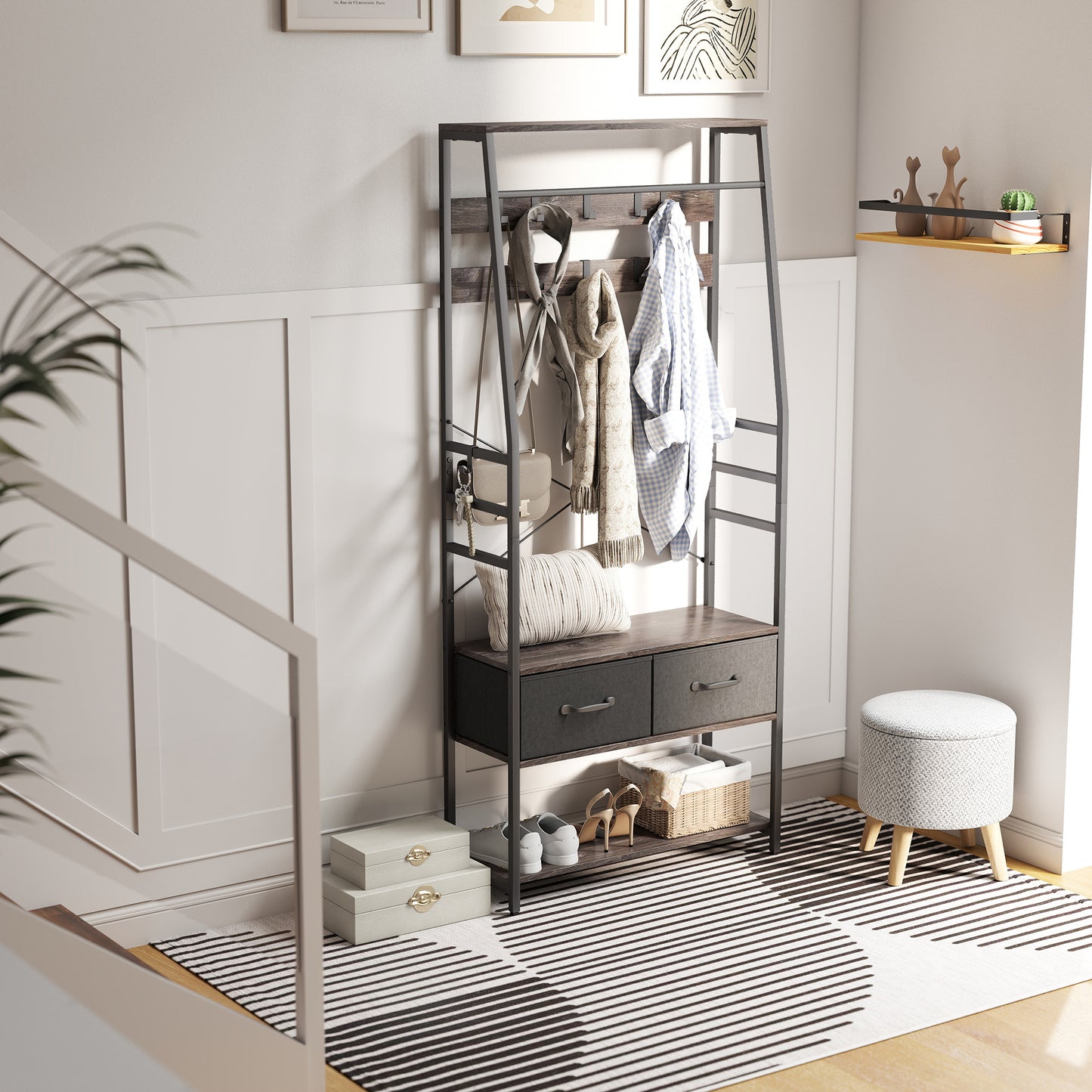 Coat Rack with Shoe Storage, Bench and 10 Hooks, Grey