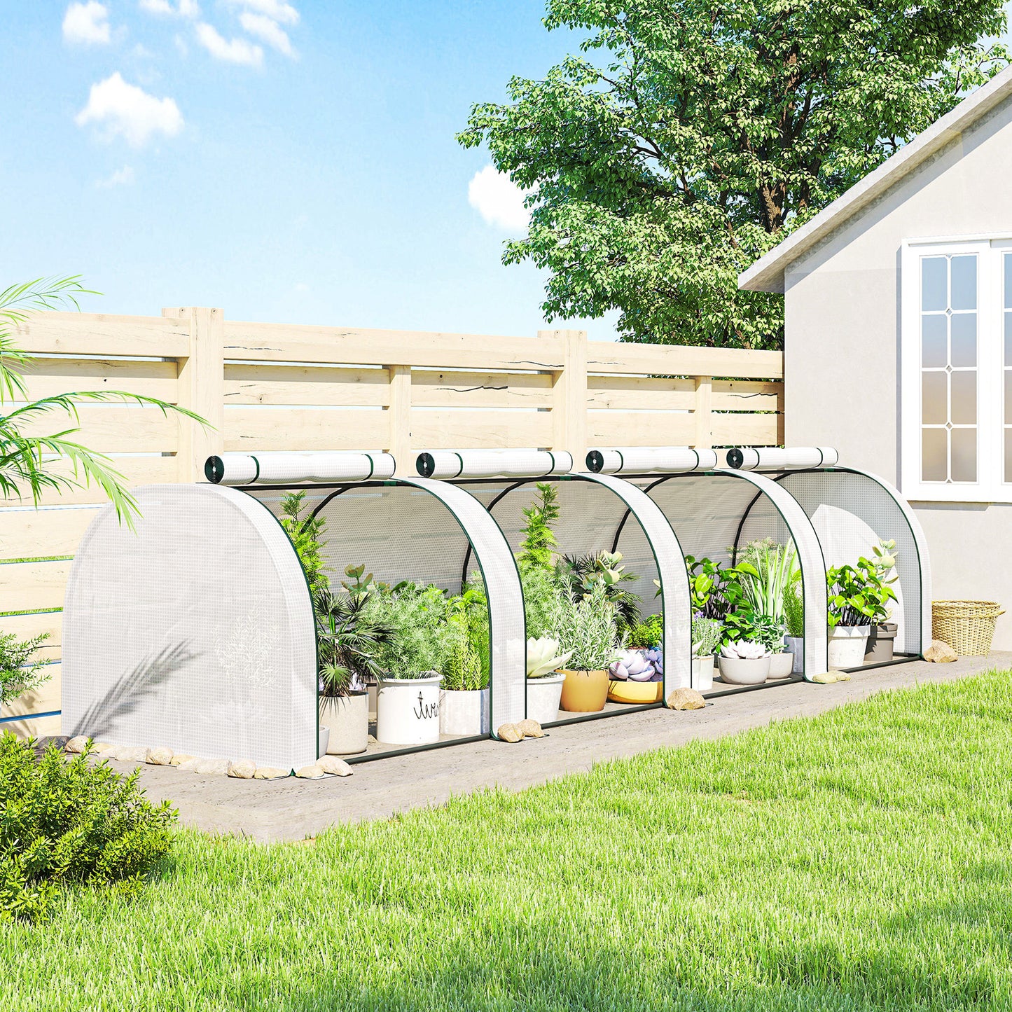 PE Tunnel Greenhouse, Green Grow House with Steel Frame and Zipper Doors for Garden, 395 x 100 x 80cm, White