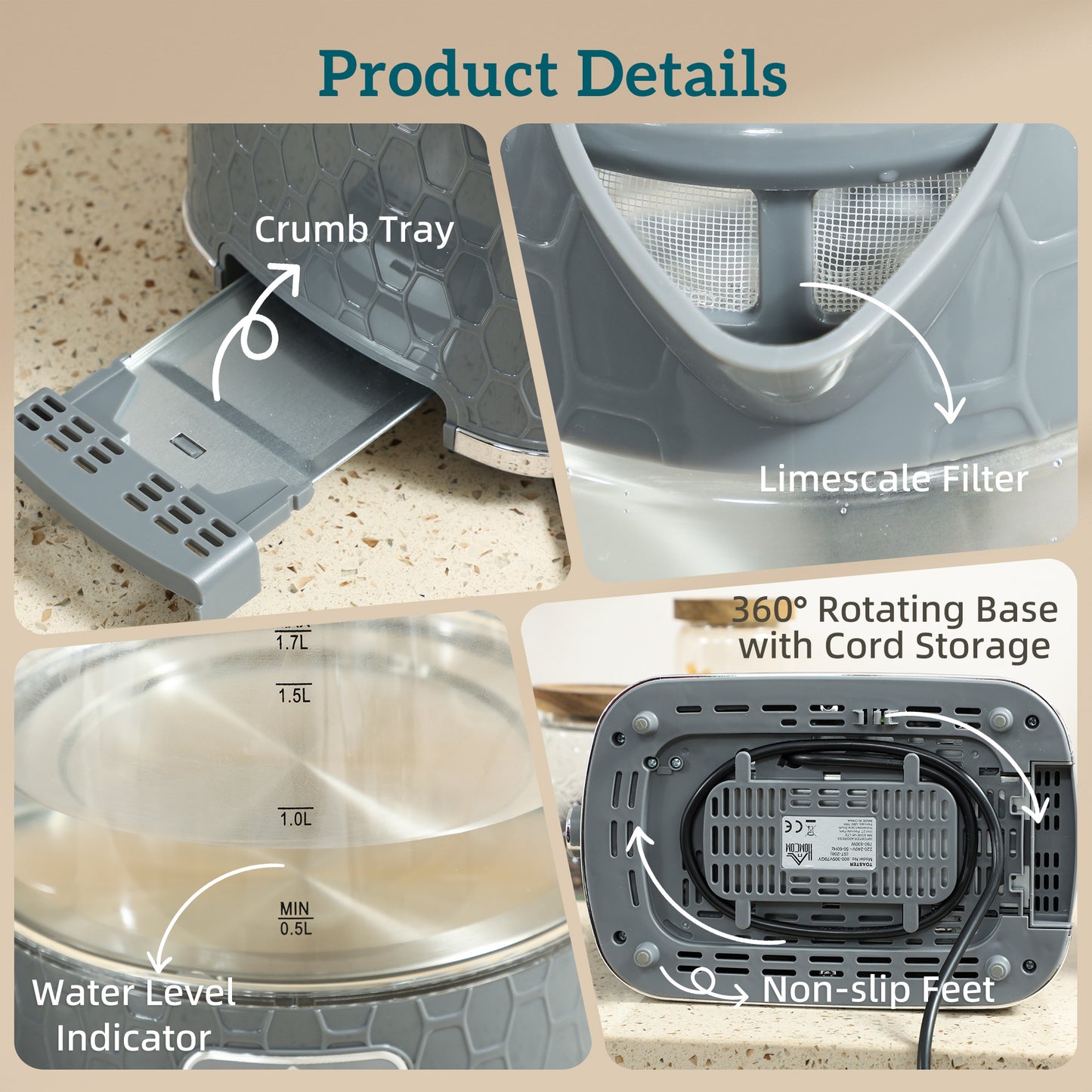 Kettle and Toaster Set with Limescale Filter, Crumb Tray, Grey