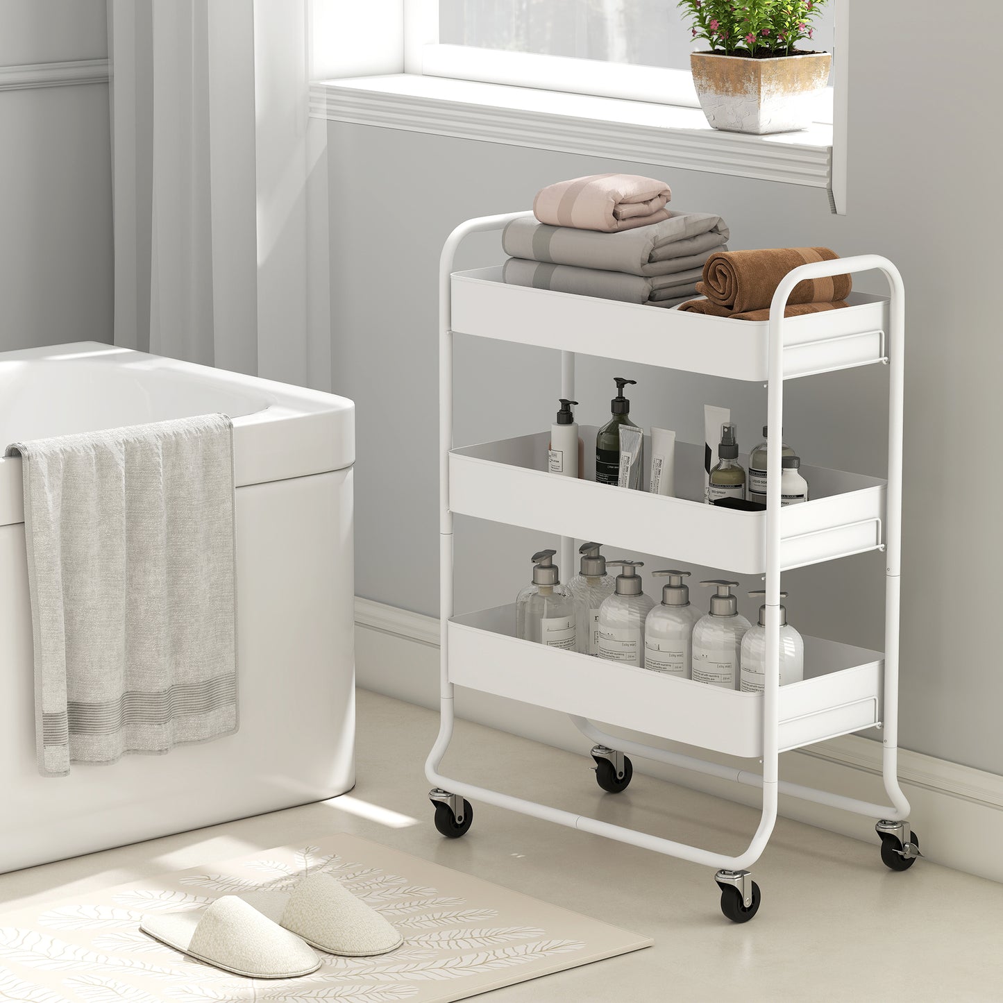 3-Tier Storage Trolley, Storage Cart with Mesh Backets, Wheels, White