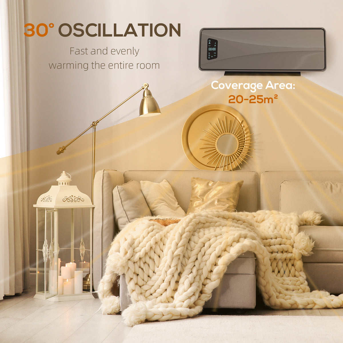 2000W Ceramic Electric Heater with Fan, Wall Heater, Grey