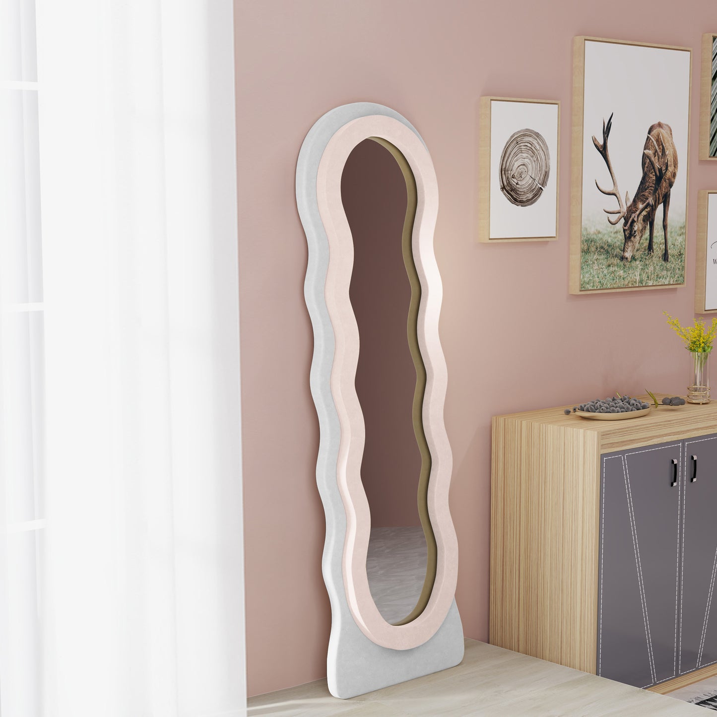 Full Length Mirror, Standing, Leaning or Wall Mirror, White and Pink