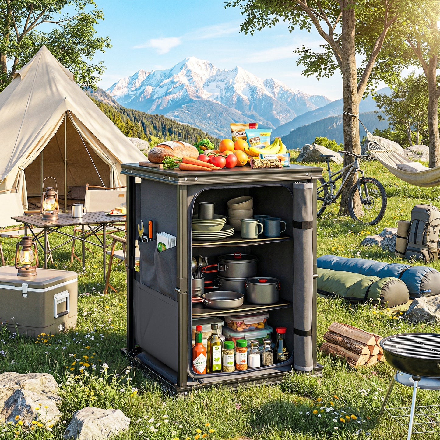 Camping Cupboards, Folding Camping Kitchen Table with 3-Tier