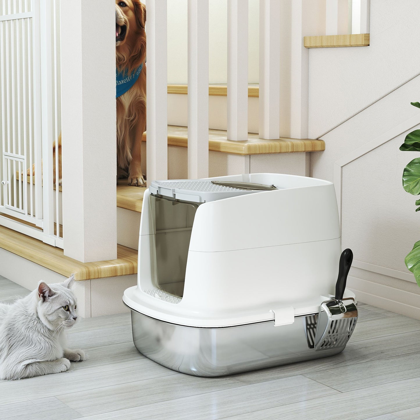 Stainless Steel Litter Box, Enclosed Metal Cat Litter Tray with Scoop
