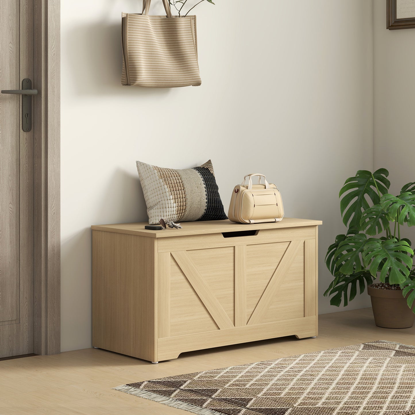 Storage Trunk with 2 Safety Hinges, 80cm, Natural Wood Finish