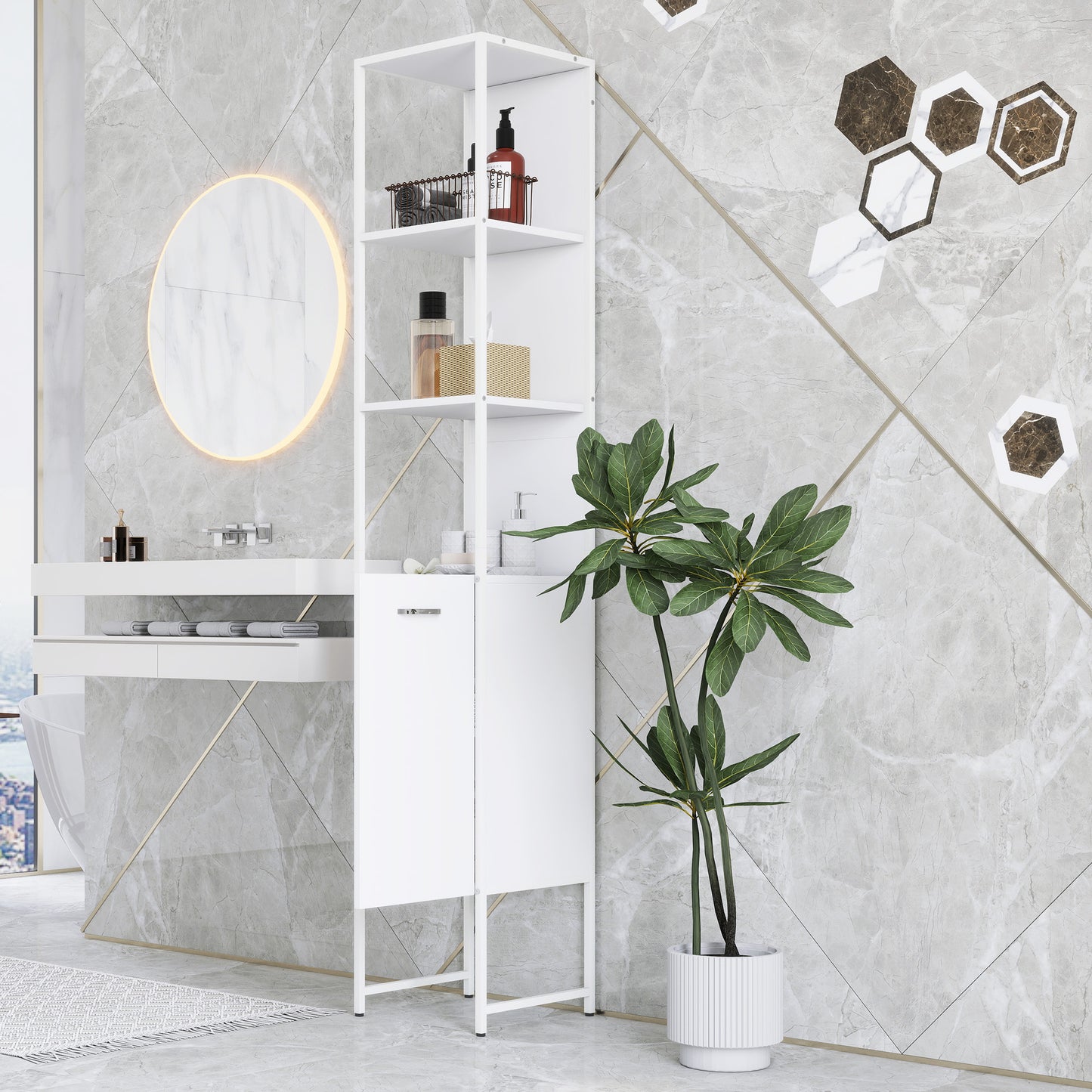 Tall Bathroom Cabinet with 3 Open Shelves Adjustable Shelf, White